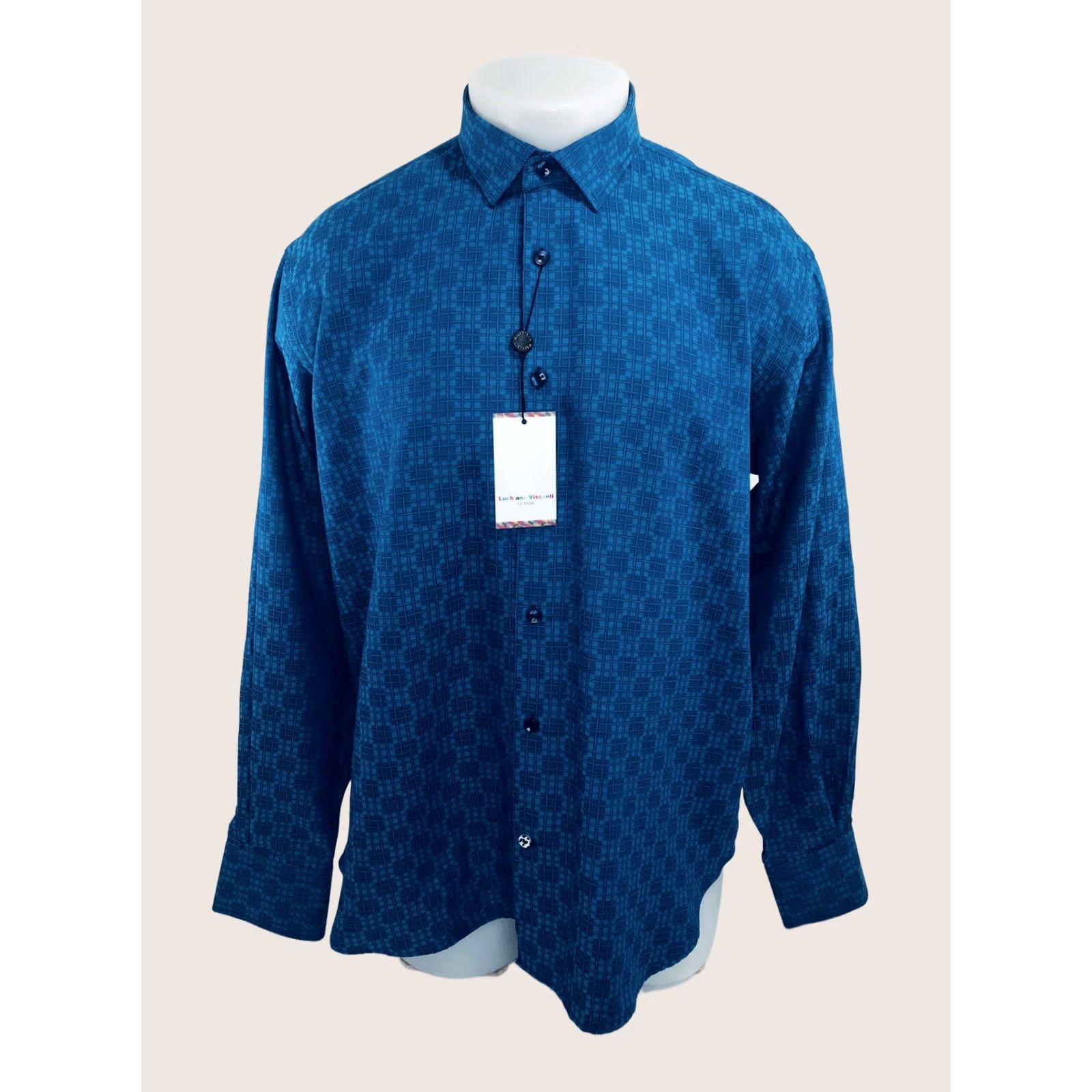 Luchiano Visconti Luchiano Visconti Geometric Shiny Button-Up Shirt / New w Tags - Blue & Greenish Blue, L, Long Sleeve, Regular, Men’s Size US L / EU 52-54 / 3 - 1 Thumbnail