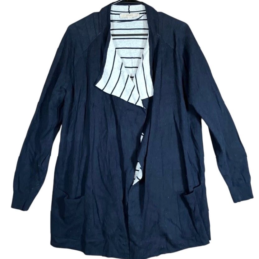 Loft Ann Taylor LOFT Womens Cardigan Navy Blue Striped Open Draped Knit Sweater L Size L / US 10 / IT 46 - 2 Thumbnail