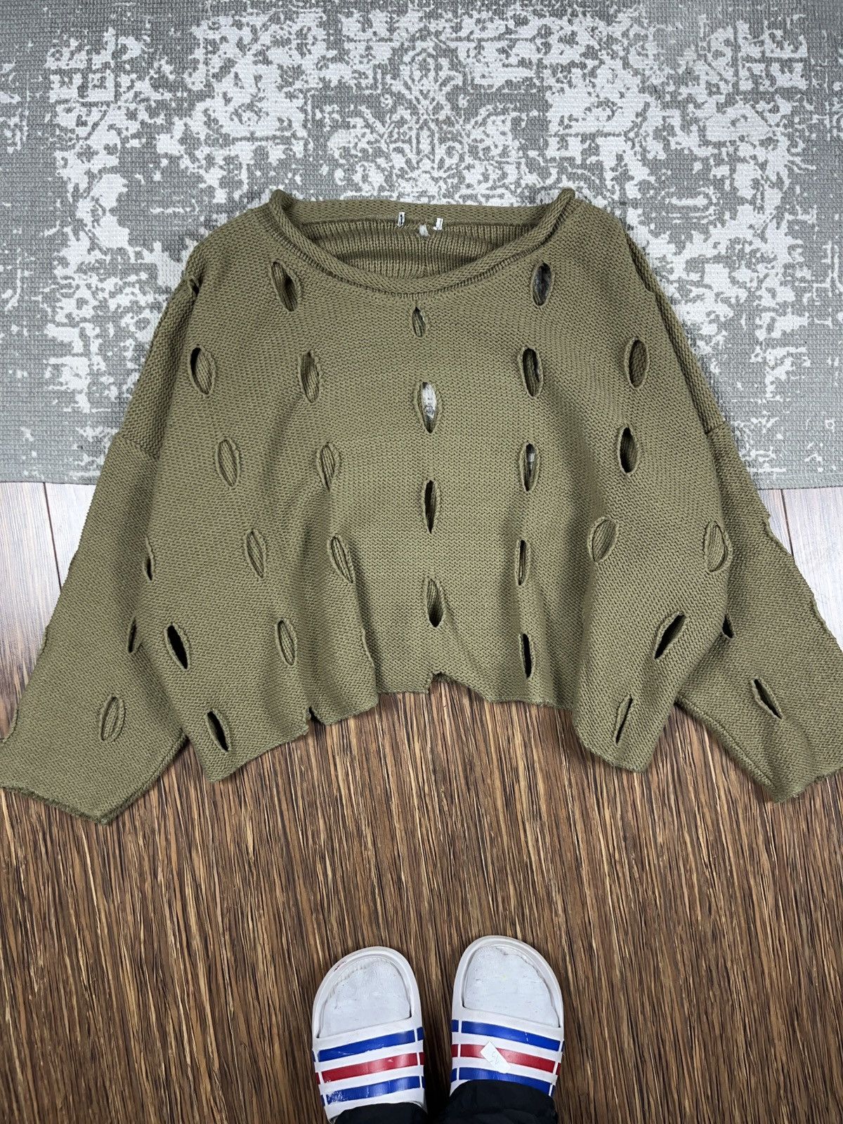 image of Avant Garde Cropped Rips Sweater Japanese Style in Green, Men's (Size Large)