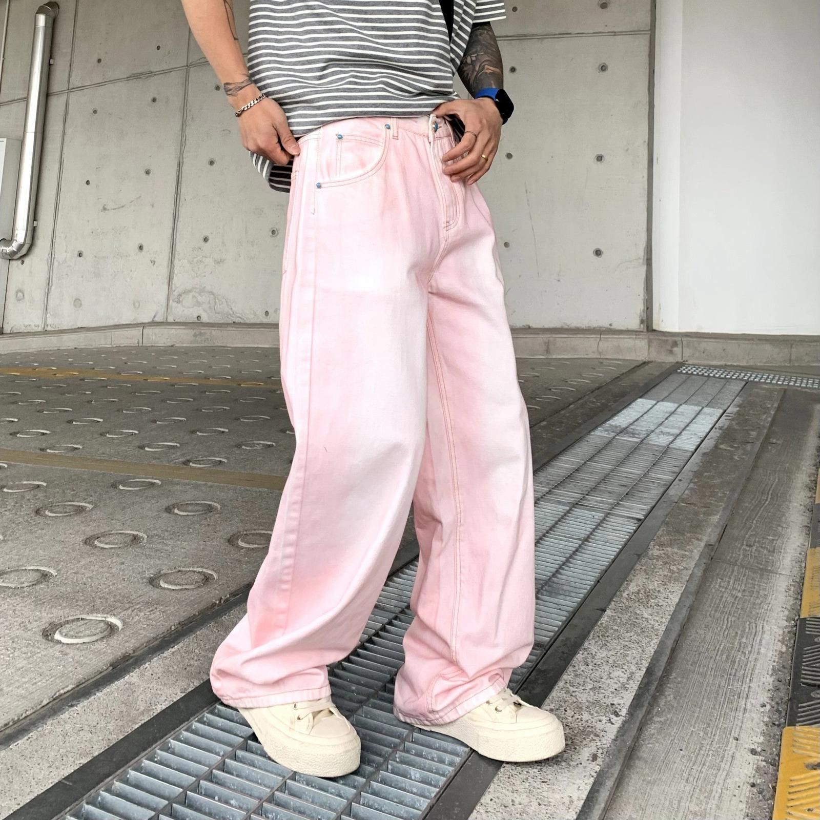 Pink Baggy Wide Leg Denim Jeans Loose Fit Pants
