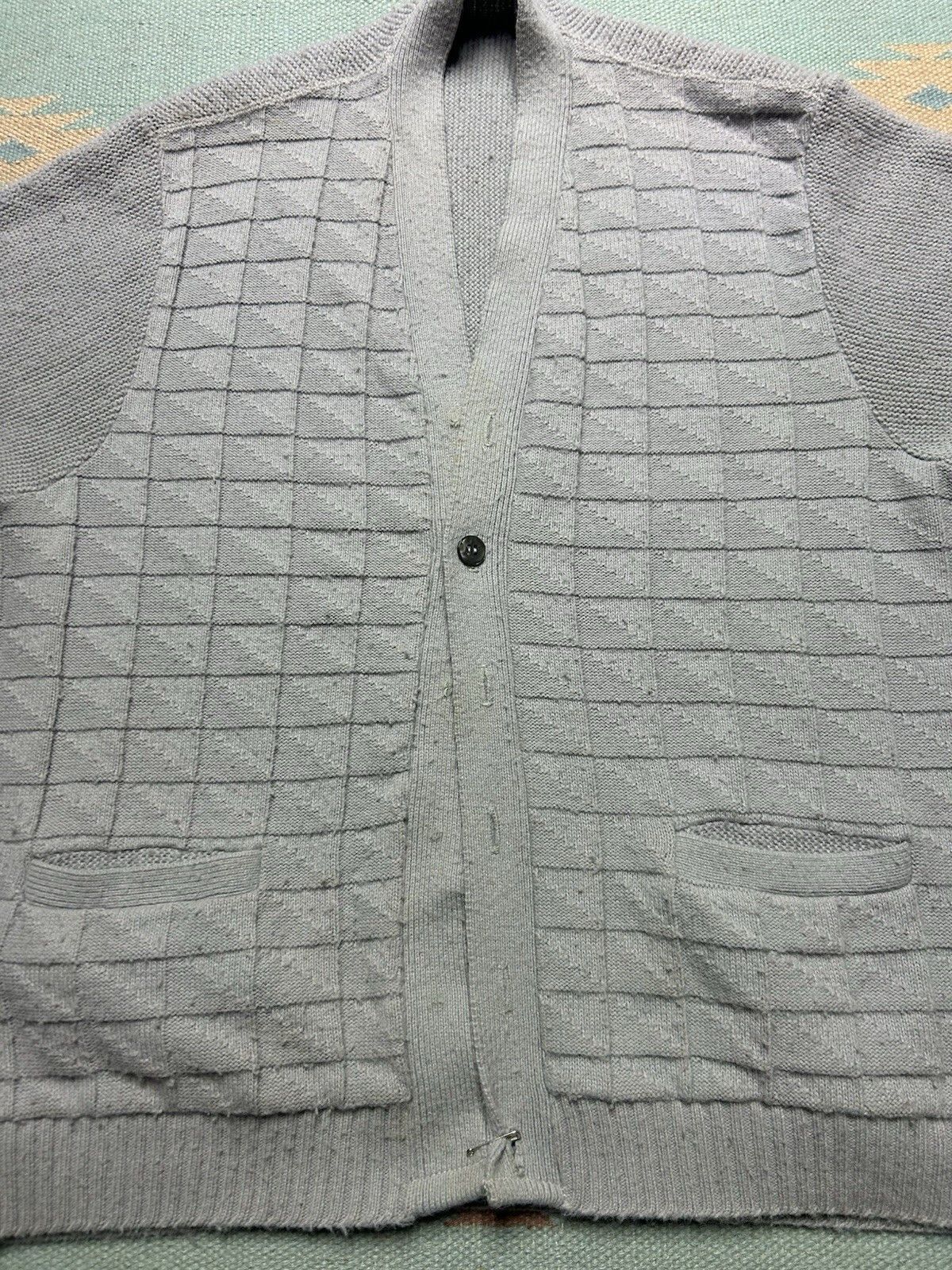Vintage 70s knit cardigan sweater wool blend windowpane AS IS Large Size US L / EU 52-54 / 3 - 3 Thumbnail