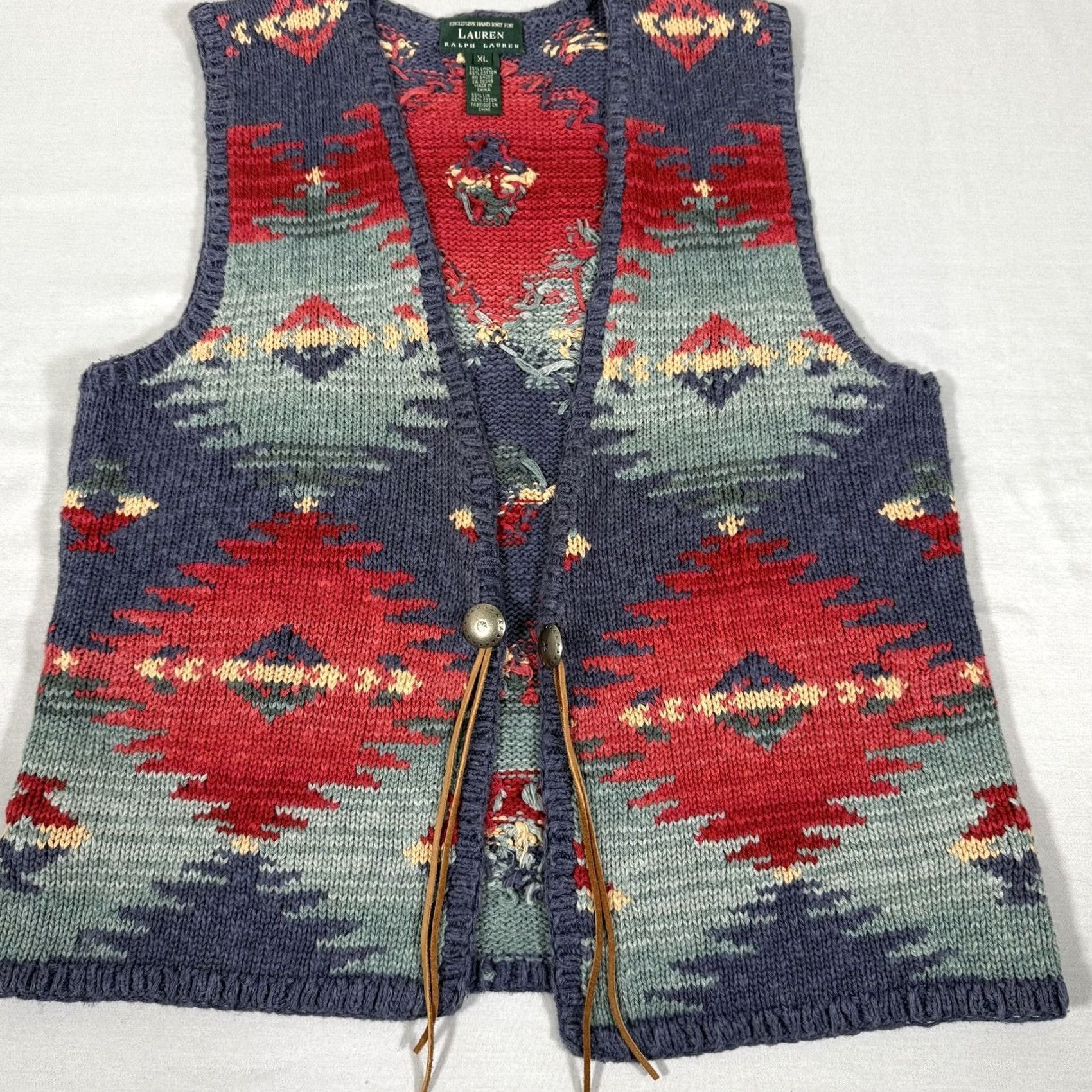 Ralph Lauren Lauren Ralph Lauren Vest Womens XL Hand Knit Aztec Geometric Linen Cotton Multicolor V-Neck Open Front with Leather Ties Buttoned Accents Size XL / US 12-14 / IT 48-50 - 3 Thumbnail