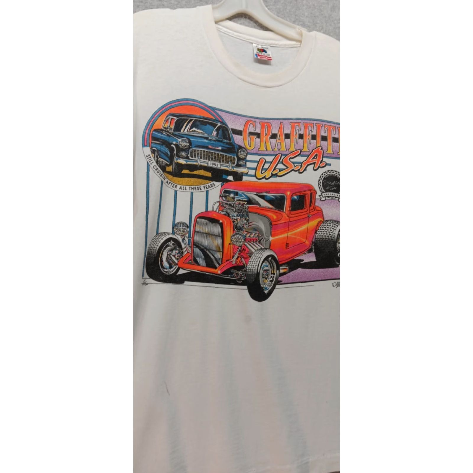 Fruit Of The Loom VINTAGE Graffiti USA 1992 T-Shirt Modesto CA Large White Single Stitch The Cruise Mens L Cotton Fruit of the Loom Graphic Tee Shirt Size US L / EU 52-54 / 3 - 2 Thumbnail