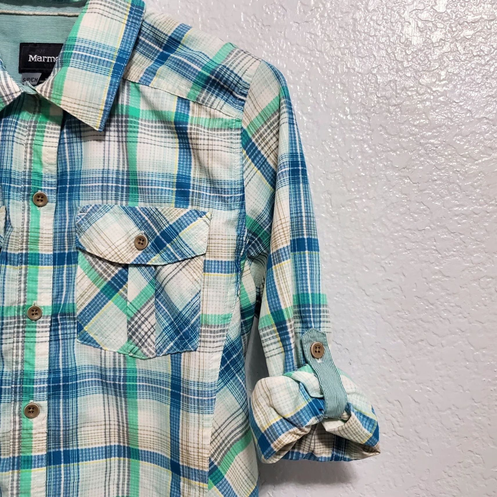 Marmot Marmot Shirt Women S White Blue & Green Plaid Button Up Roll Tab Sleeve Hiking Outdoors Size S / US 4 / IT 40 - 7 Thumbnail
