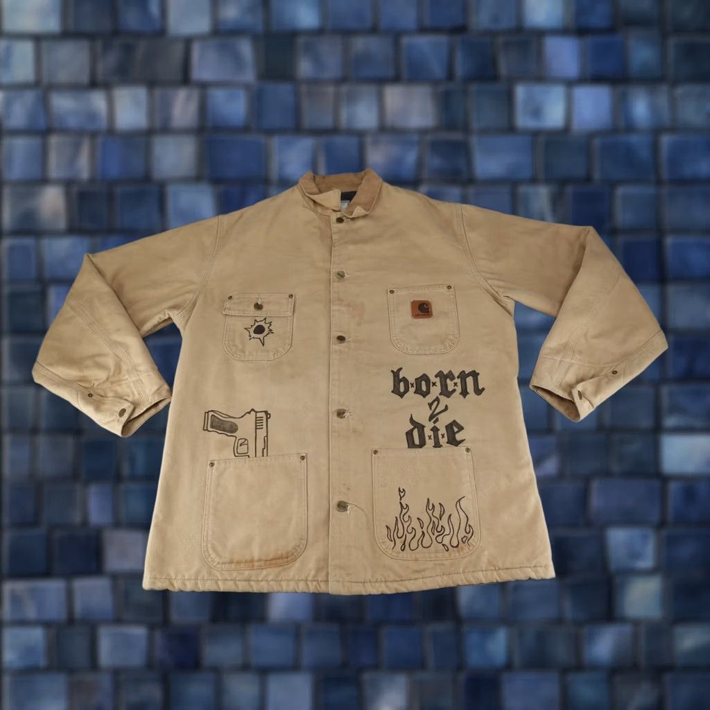 Carhartt VINTAGE Carhartt Jacket Mens LT Beige Duck Canvas Chore Coat Fire Flames Hand-Painted Logo Pockets Lined Insulated Workwear Size US L / EU 52-54 / 3 - 1 Thumbnail