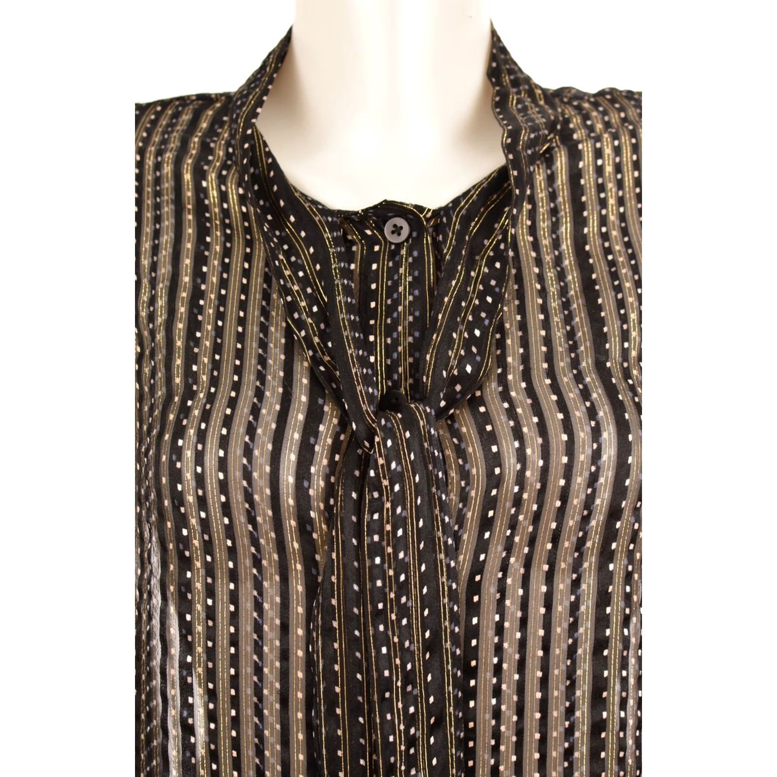 Diane von Furstenberg Diane von Furstenberg Lanie Tie Neck Silk Designer Blouse Button Shirt M Black Womens Silk Button-Up 96% Silk 4% Polyester Size M / US 6-8 / IT 42-44 - 2 Thumbnail