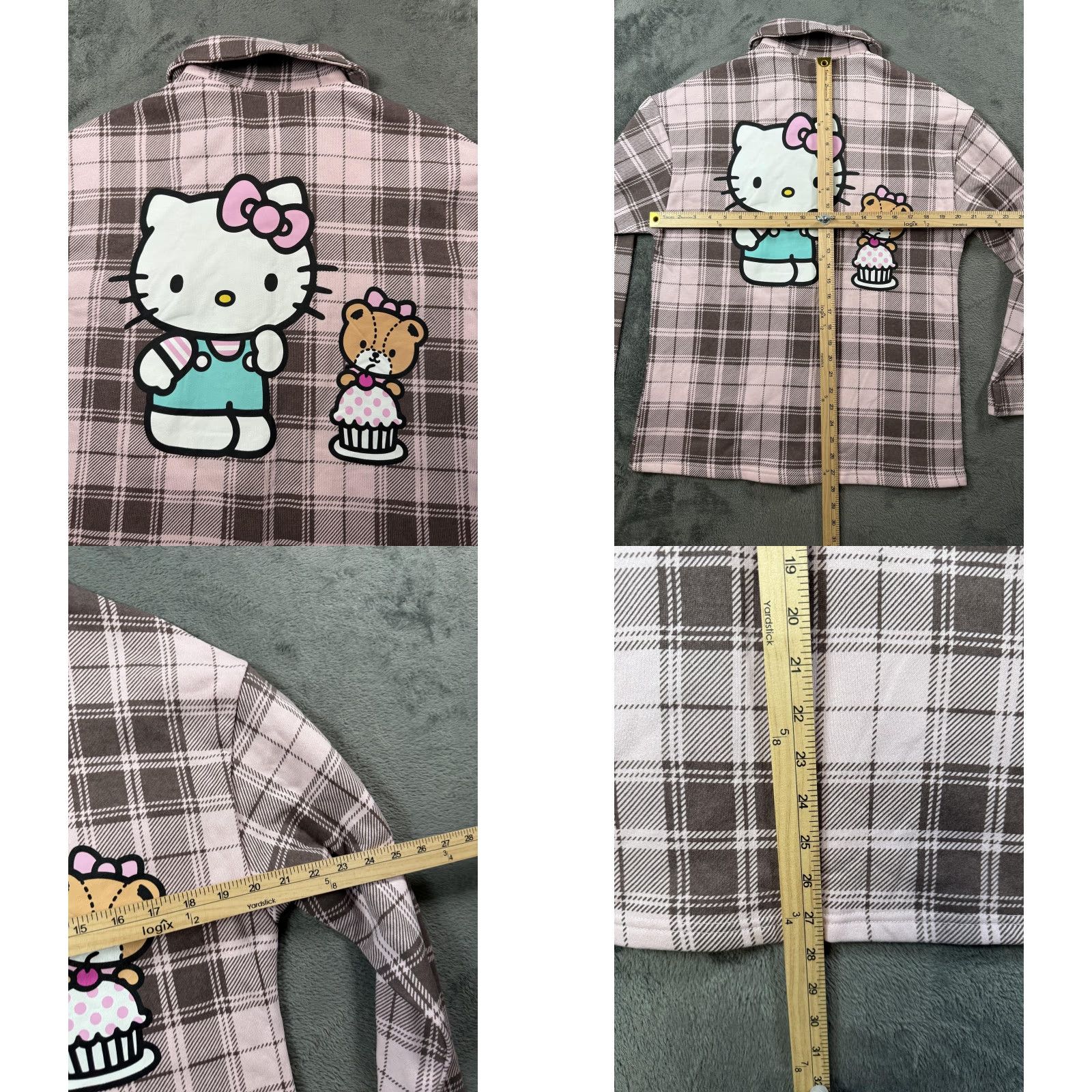 Hello Kitty Shirt Womens Small Pink Plaid Button-Up Sanrio Graphic Flannel Long Sleeve