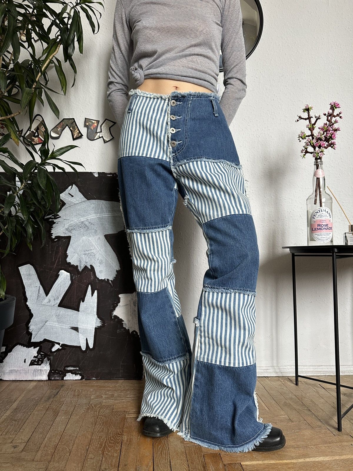 If Six Was Nine × Seditionaries Y2K Patchwork Denim Flared Baggy Stripe Jeans Size 32" / US 10 / IT 46 - 1 Thumbnail