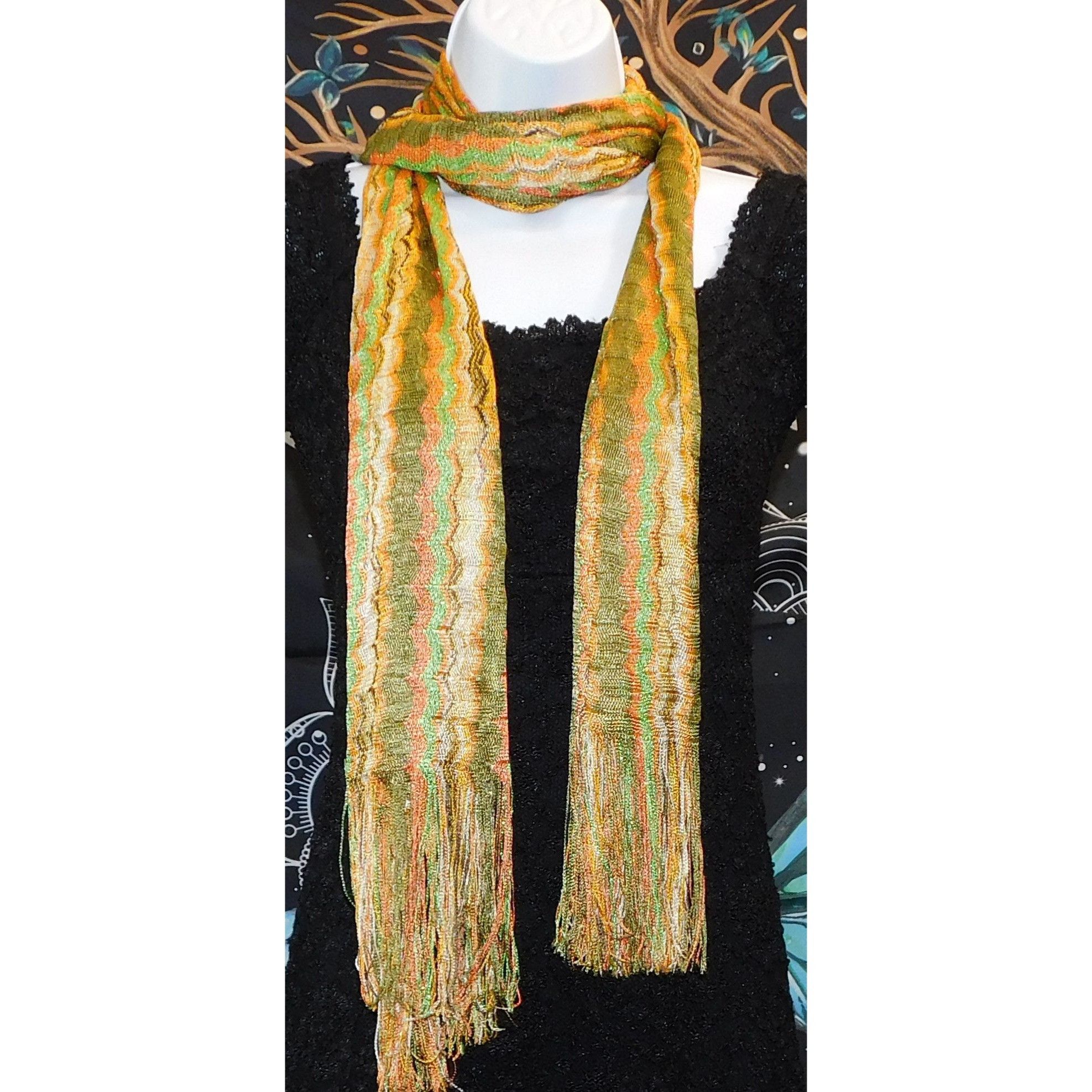 Other Vintage 70S Wavy Striped Gold & Green Metallic Scarf With 6" Size ONE SIZE - 4 Thumbnail
