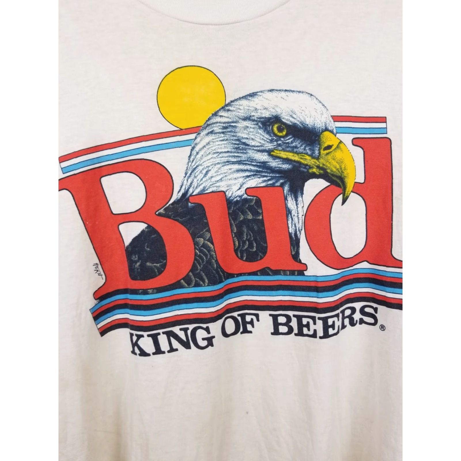Budweiser VINTAGE Budweiser KING OF BEER SUPER PAPER THIN 50/50 T-SHIRT SZ LARGE Shirt Mens White 80's Retro Band Beer USA 26 inch Back 20 inch Chest Size L Size US L / EU 52-54 / 3 - 3 Thumbnail