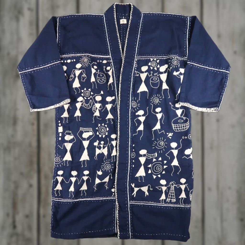 Vintage VINTAGE Hand Embroidered Long Cardigan Jacket One Size Blue Tribal From Thailand Size ONE SIZE - 1 Thumbnail