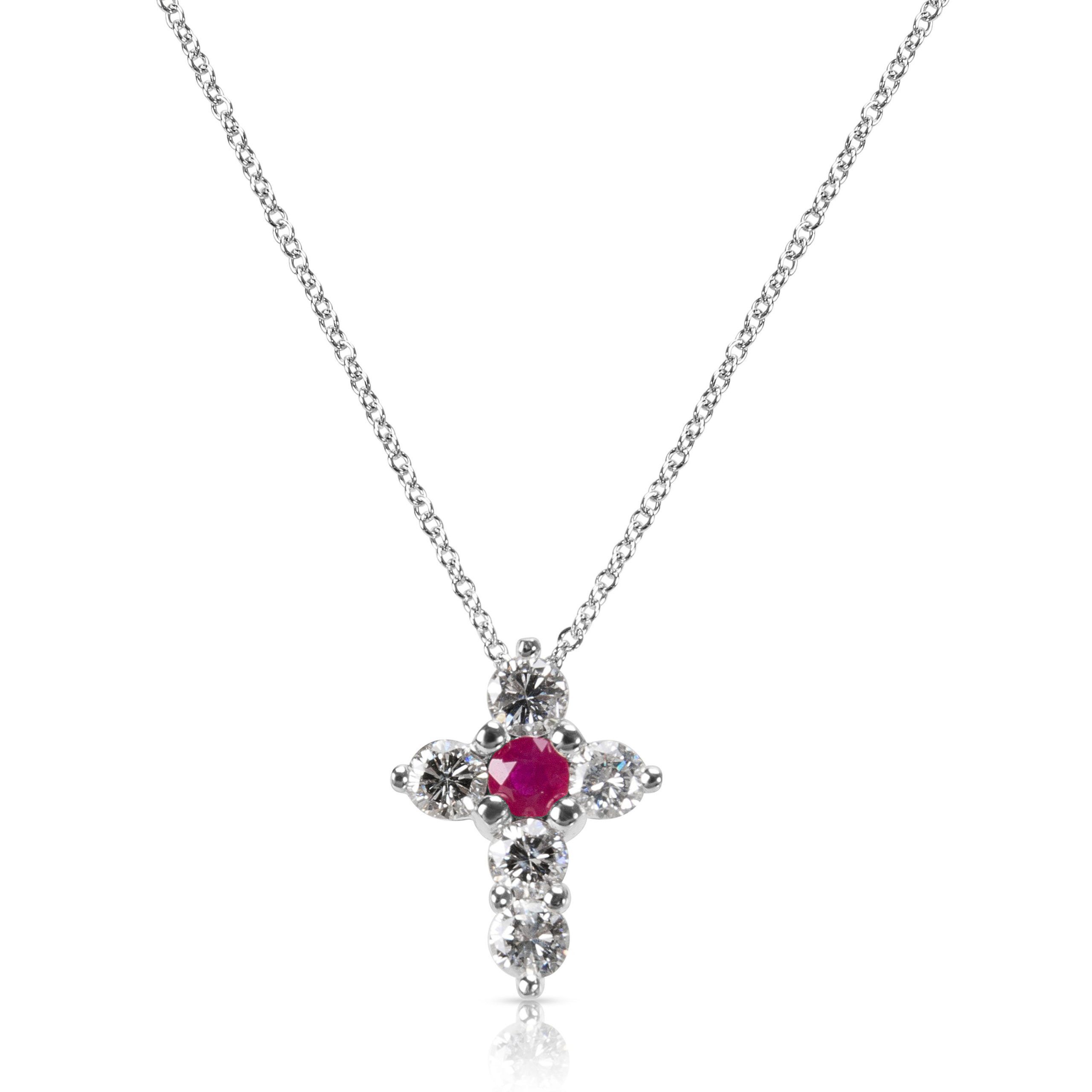 image of Tiffany Co Ruby & Diamond Cross Pendant In 14K White Gold (1.00 Ctw), Women's