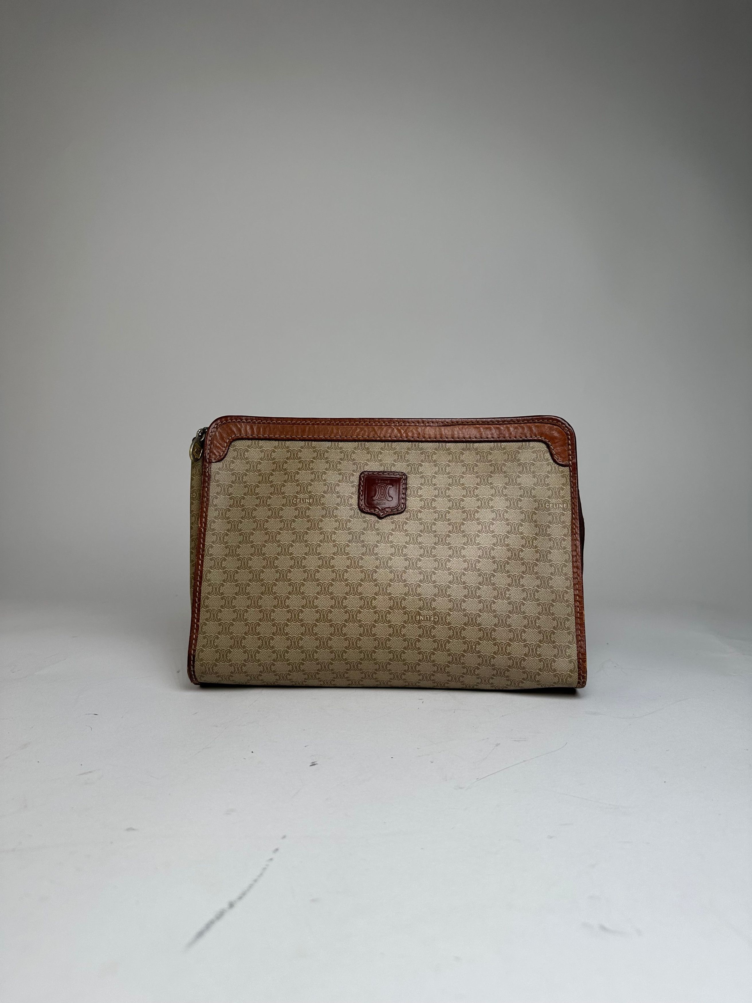 Celine Vintage Paris Triomphe Monogram Leather Clutch Beige Brown Size ONE SIZE - 1 Thumbnail