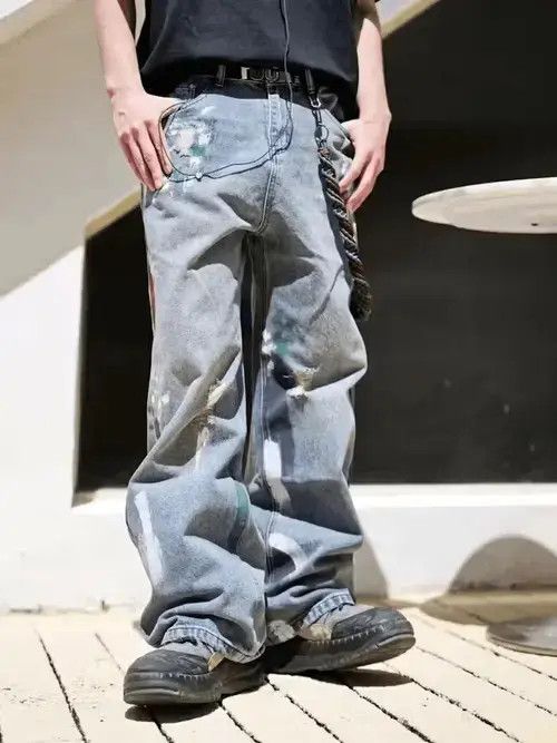 Blue fade paint distressed baggy pants