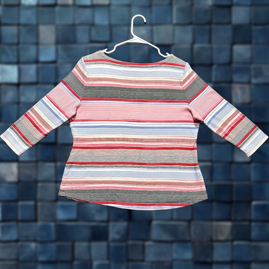 Charter Club Charter Club Womens PL Pink Striped Blouse 3/4 Sleeve Boat Neck Button EUC Top Size L / US 10 / IT 46 - 1 Thumbnail