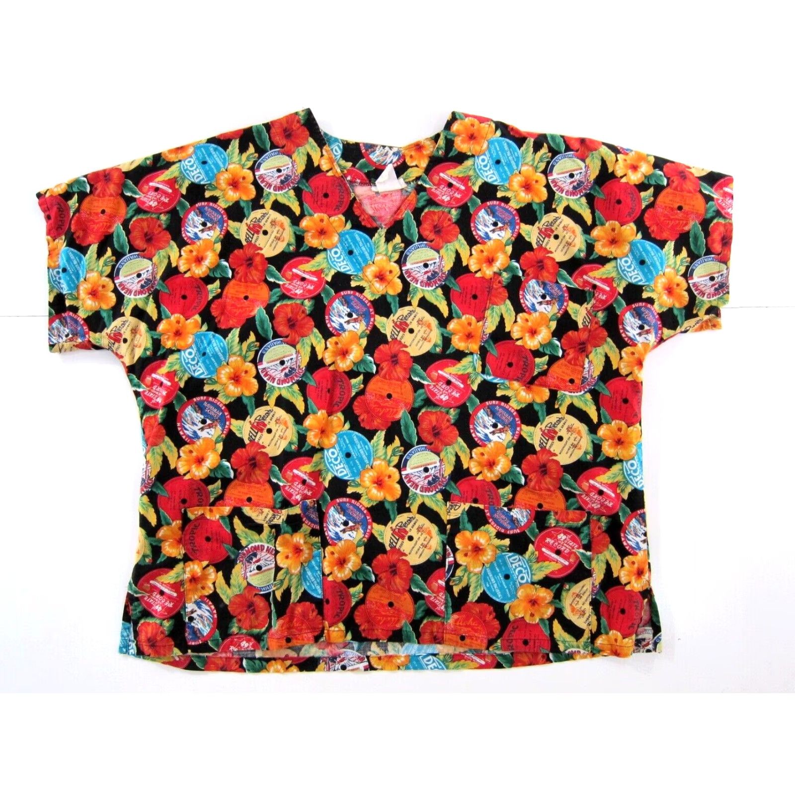 Vintage VINTAGE Apparel Pro Cotton Pocket Black Floral Hawaiian Scrub Shirt 2X Women Size US XXL / EU 58 / 5 - 2 Thumbnail