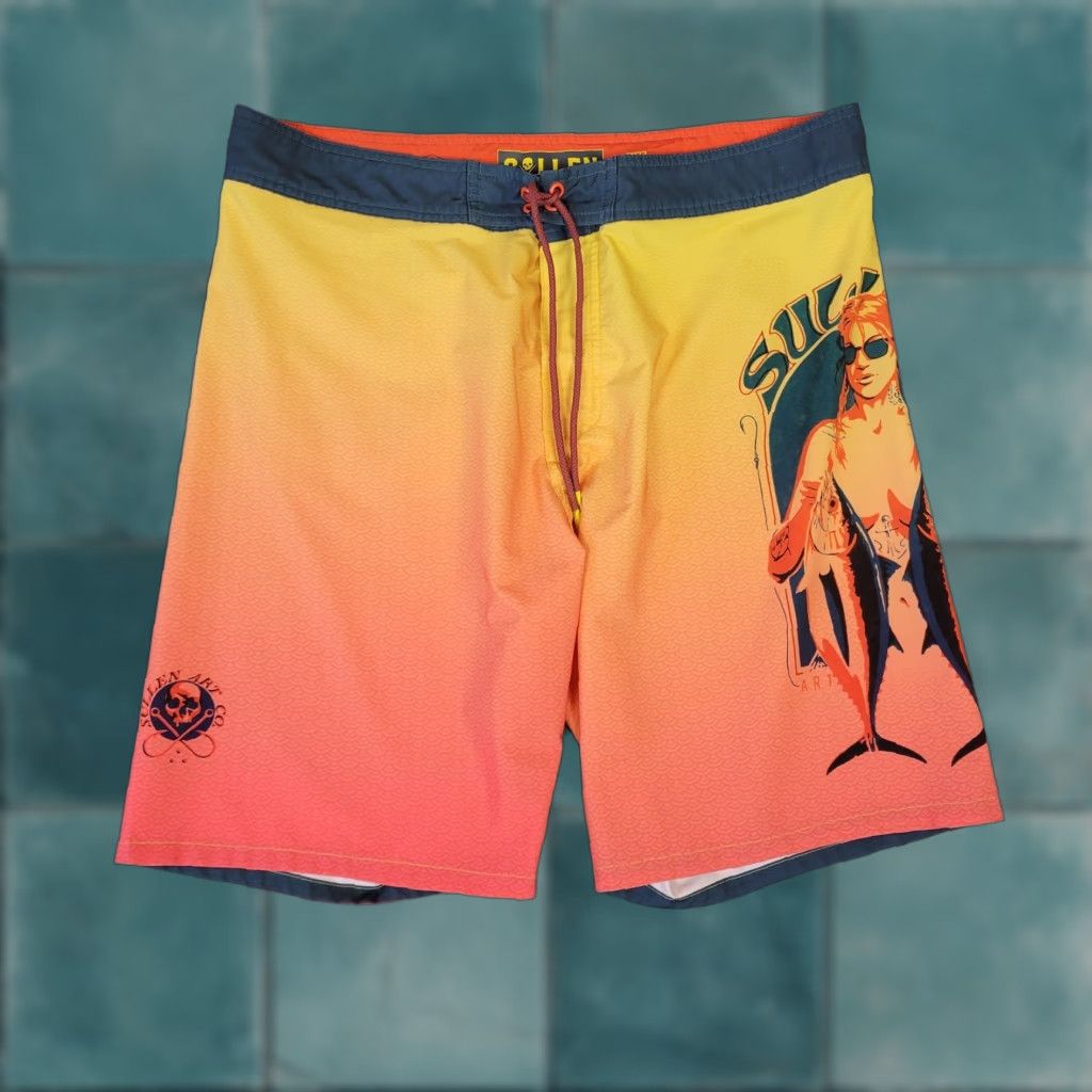 VINTAGE Sullen Art Collective Board Shorts Mens 36 Orange Topless