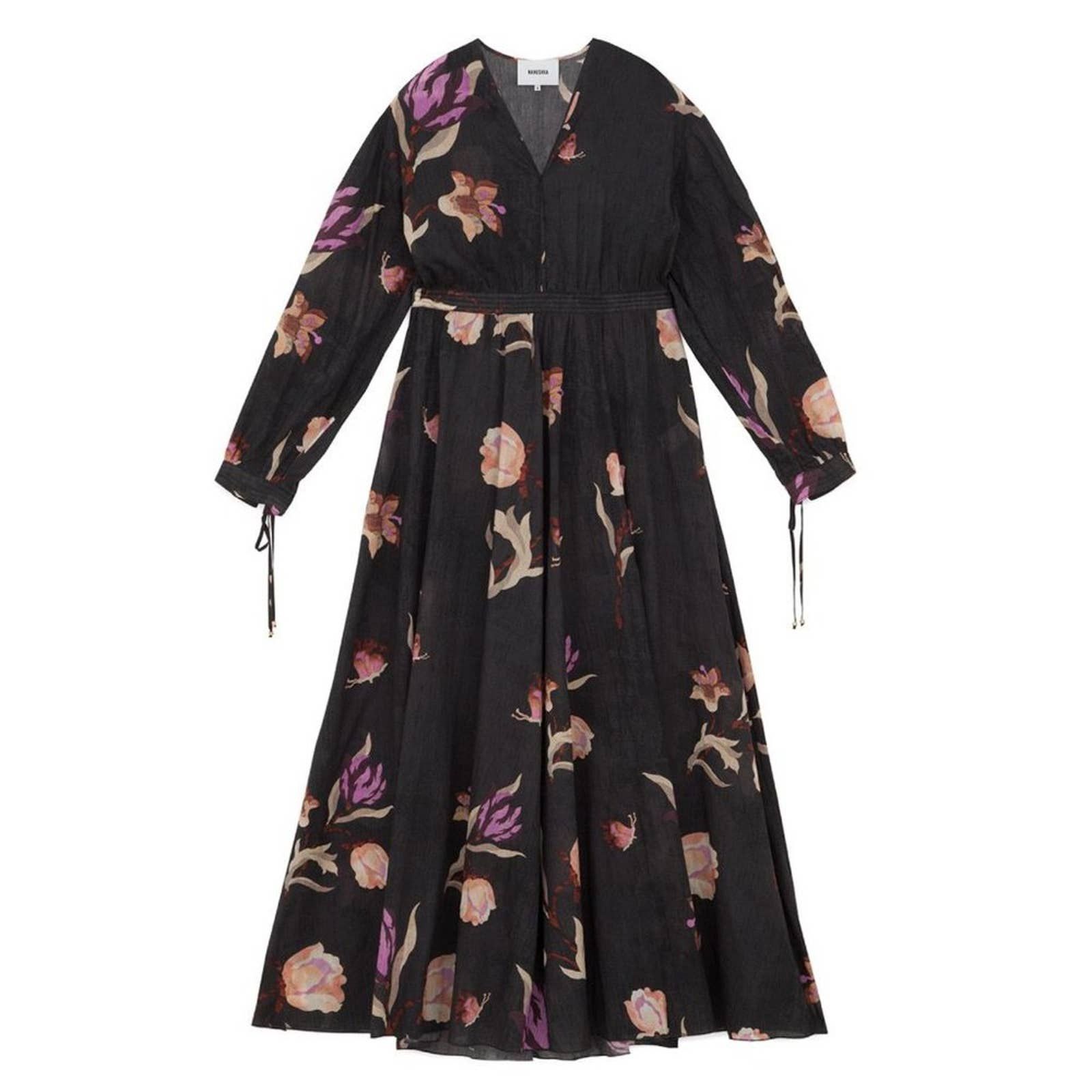image of Nanushka Hazel Balloon Sleeve Maxi Dress Intarzia Flower in Grey, Women's (Size XS)