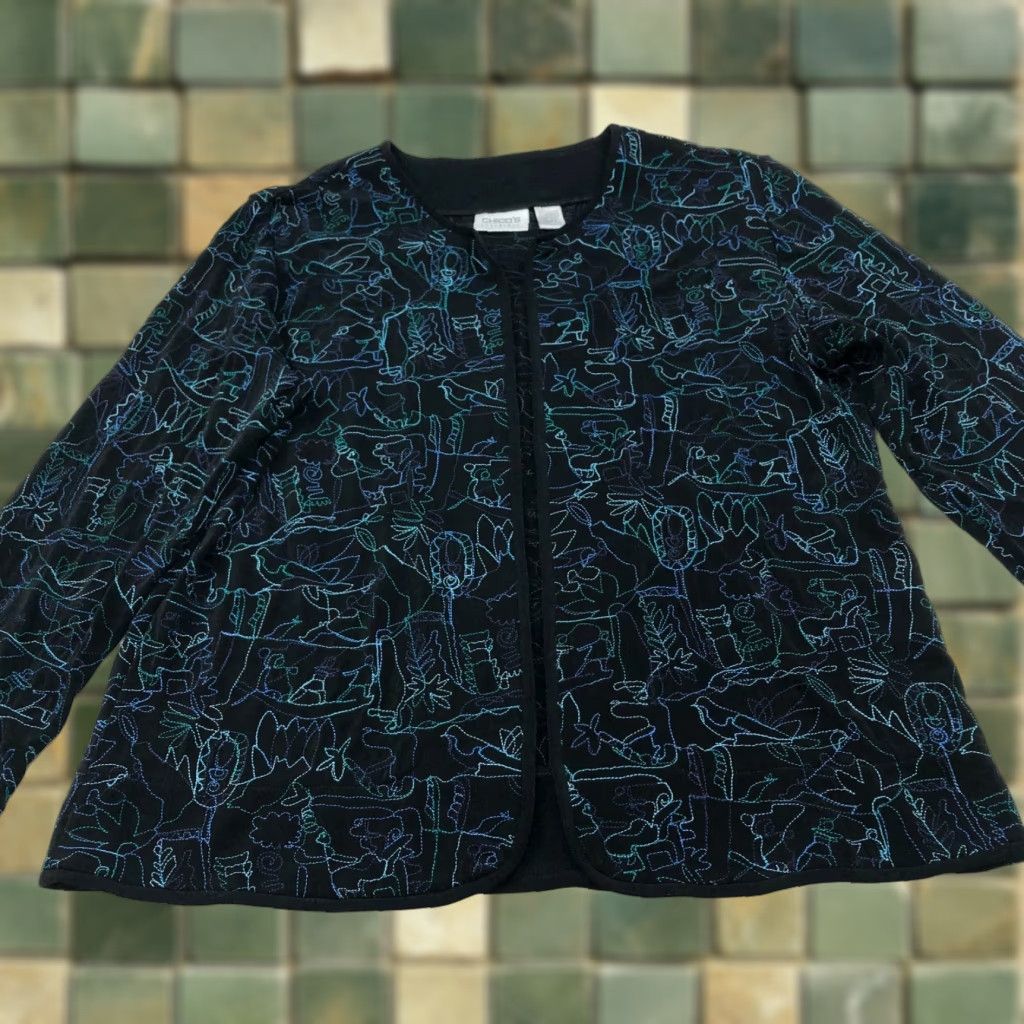 Vintage Chico's Travelers 2 Acetate Slinky Open Front Cardigan Black Blue MINT Cardigan Women's Regular XS? Size XS / US 0-2 / IT 36-38 - 1 Thumbnail
