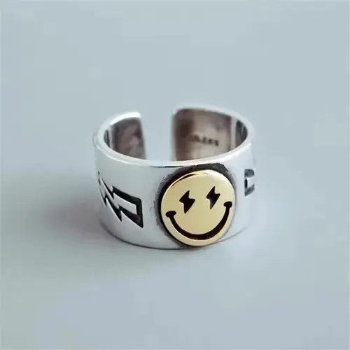 Jewelry x Ring Gold Plated 0.925 Silver Smiley Face Adjustable Ring, Men's