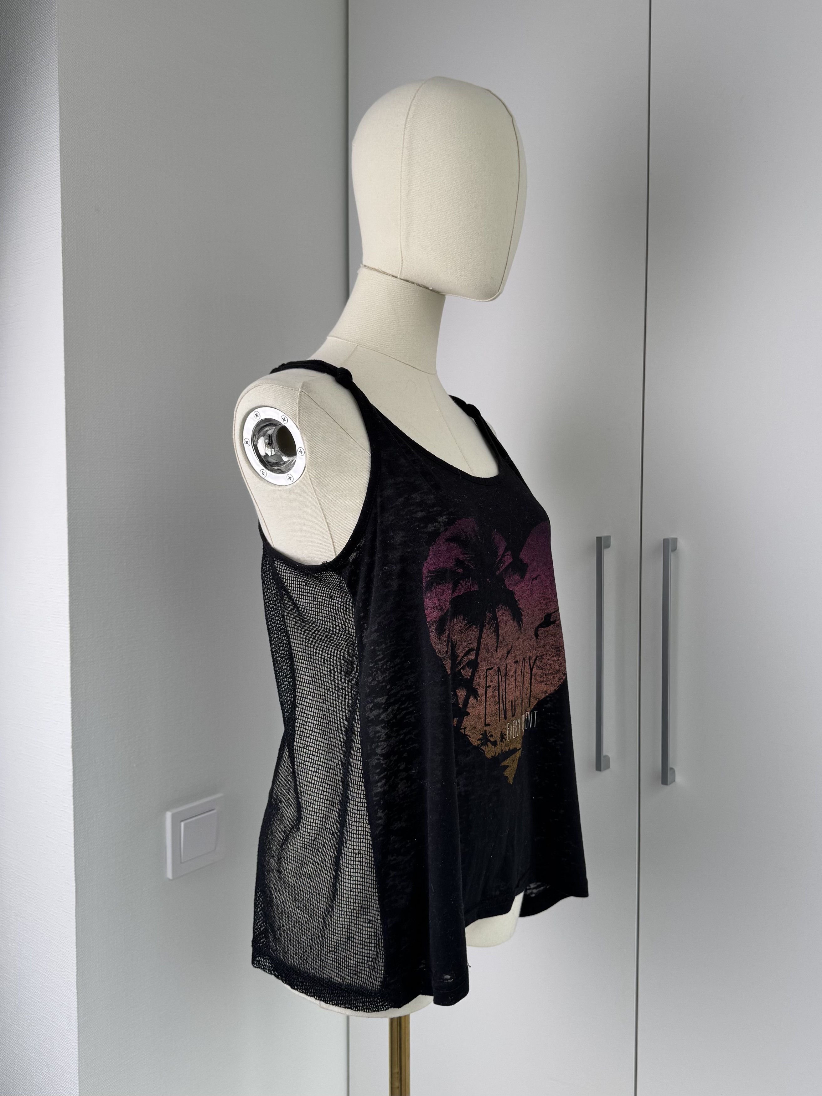 Vintage Women Black Tank Top Y2K Vintage Graphic Heart Palm Print Size M / US 6-8 / IT 42-44 - 2 Thumbnail