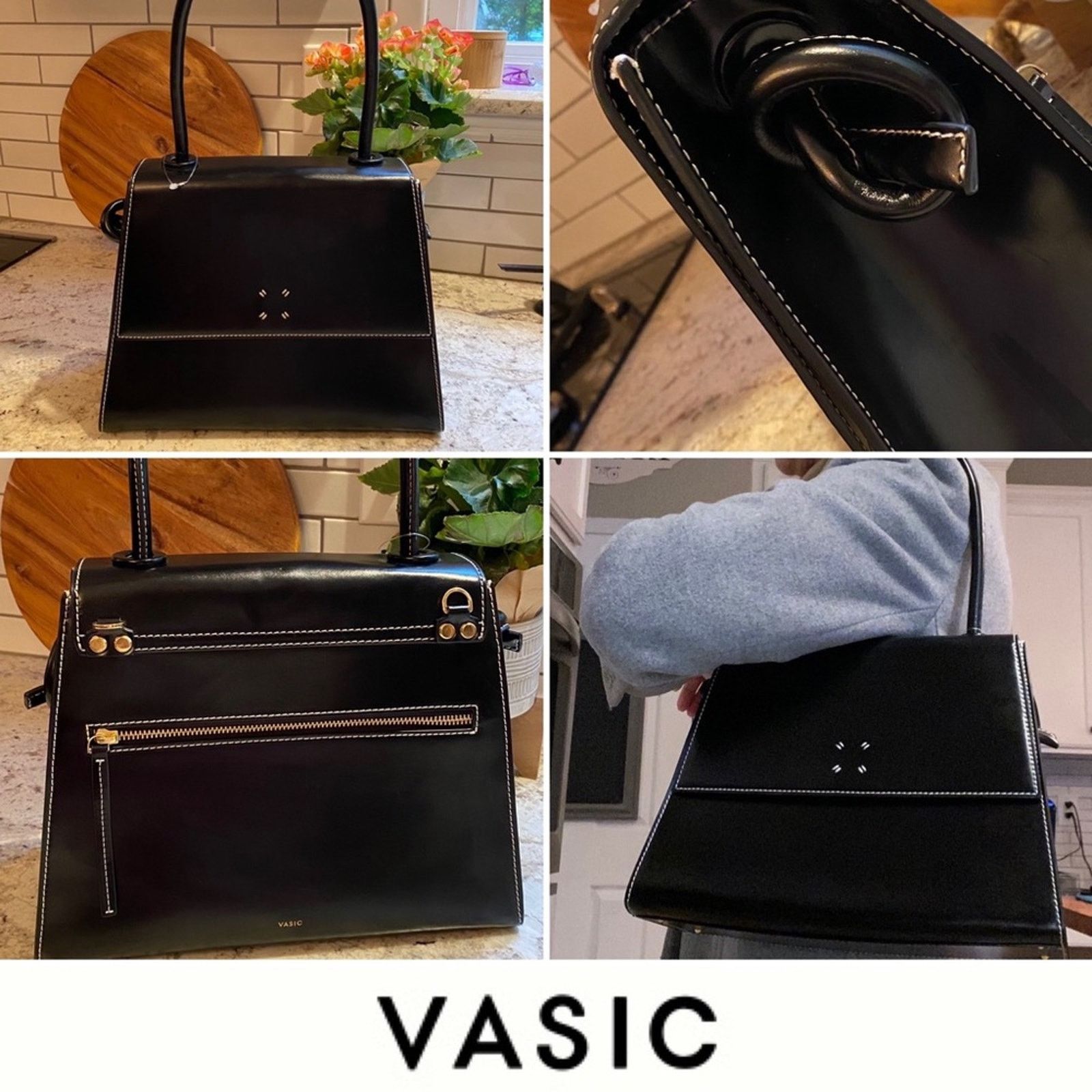 Vasic $350+ Large Bee Black Handle Leather Shoulder Bag