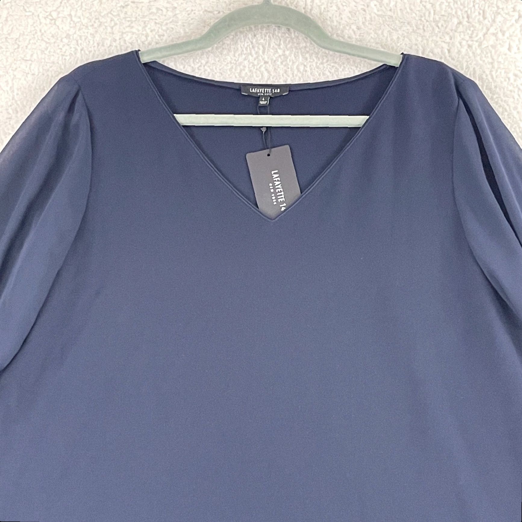 Vintage Lafayette 148 Blue V-Neck Shirt Womens Large 3/4 Sleeve Pullover Lightweight"} Size L / US 10 / IT 46 - 2 Thumbnail