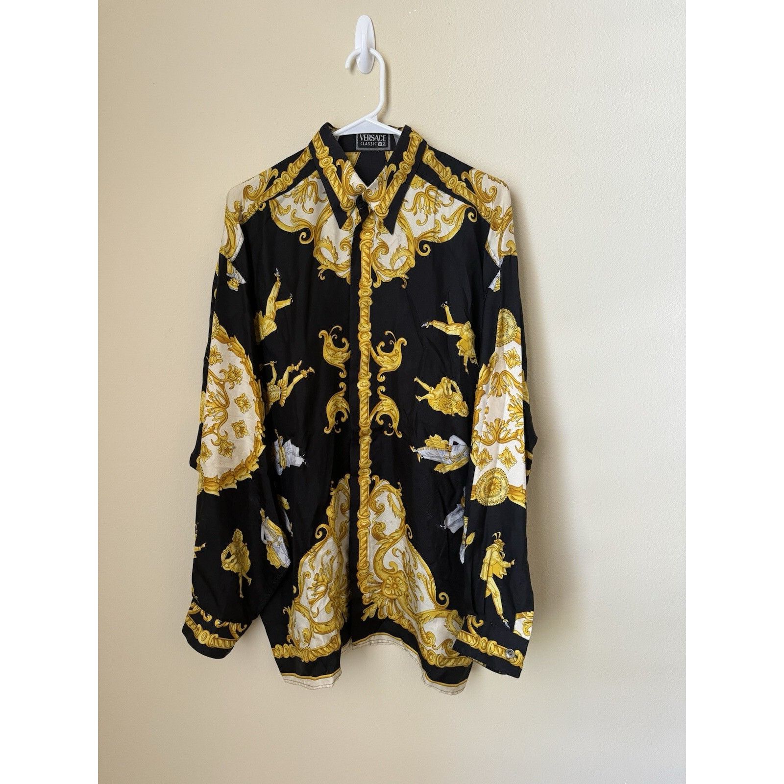 Versace V2 100% Silk Baroque Button Up Shirt Long Sleeve Gol