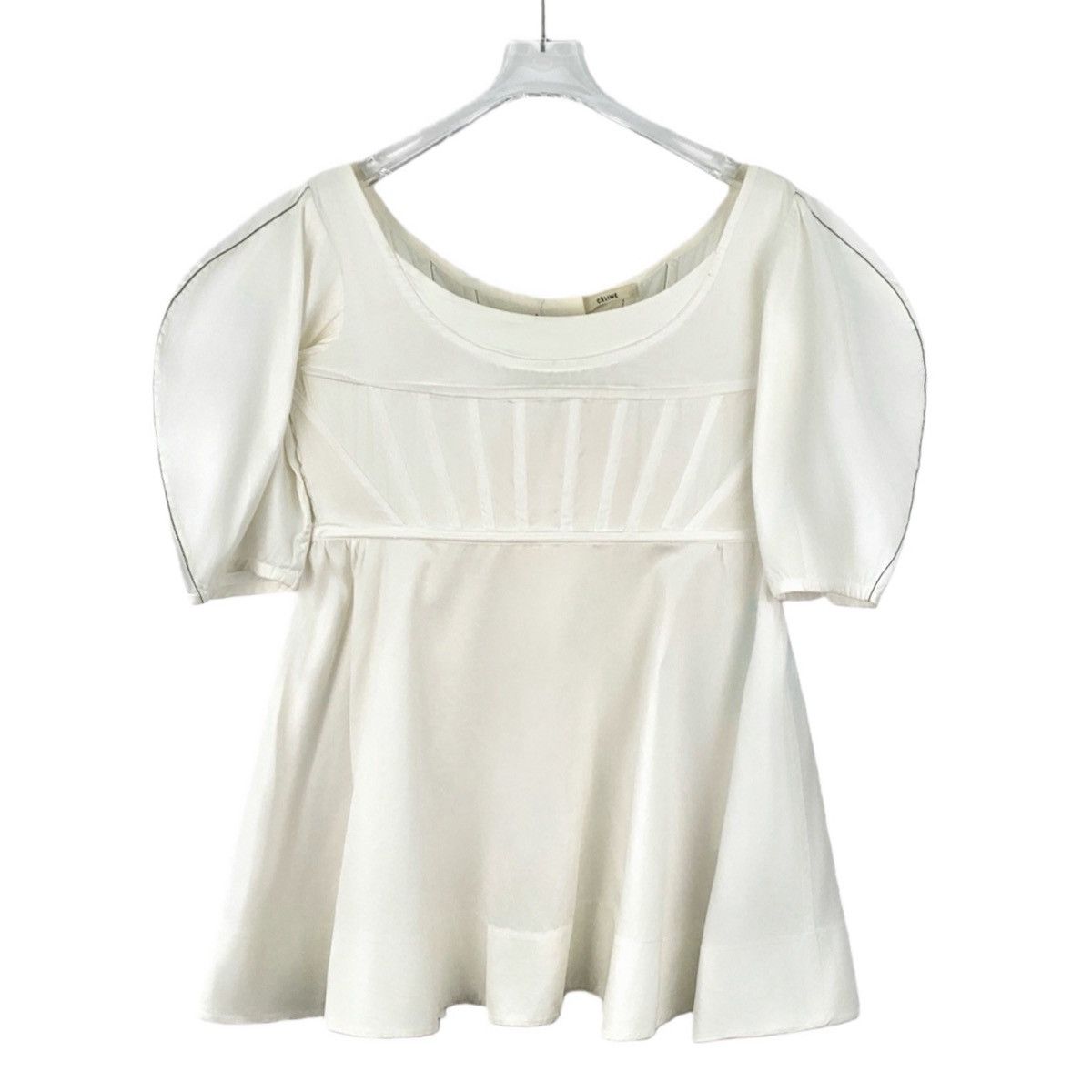 Celine Celine White Fishbone Cotton Crew Neck Puff Sleeve Top K26WX Size M / US 6-8 / IT 42-44 - 1 Thumbnail
