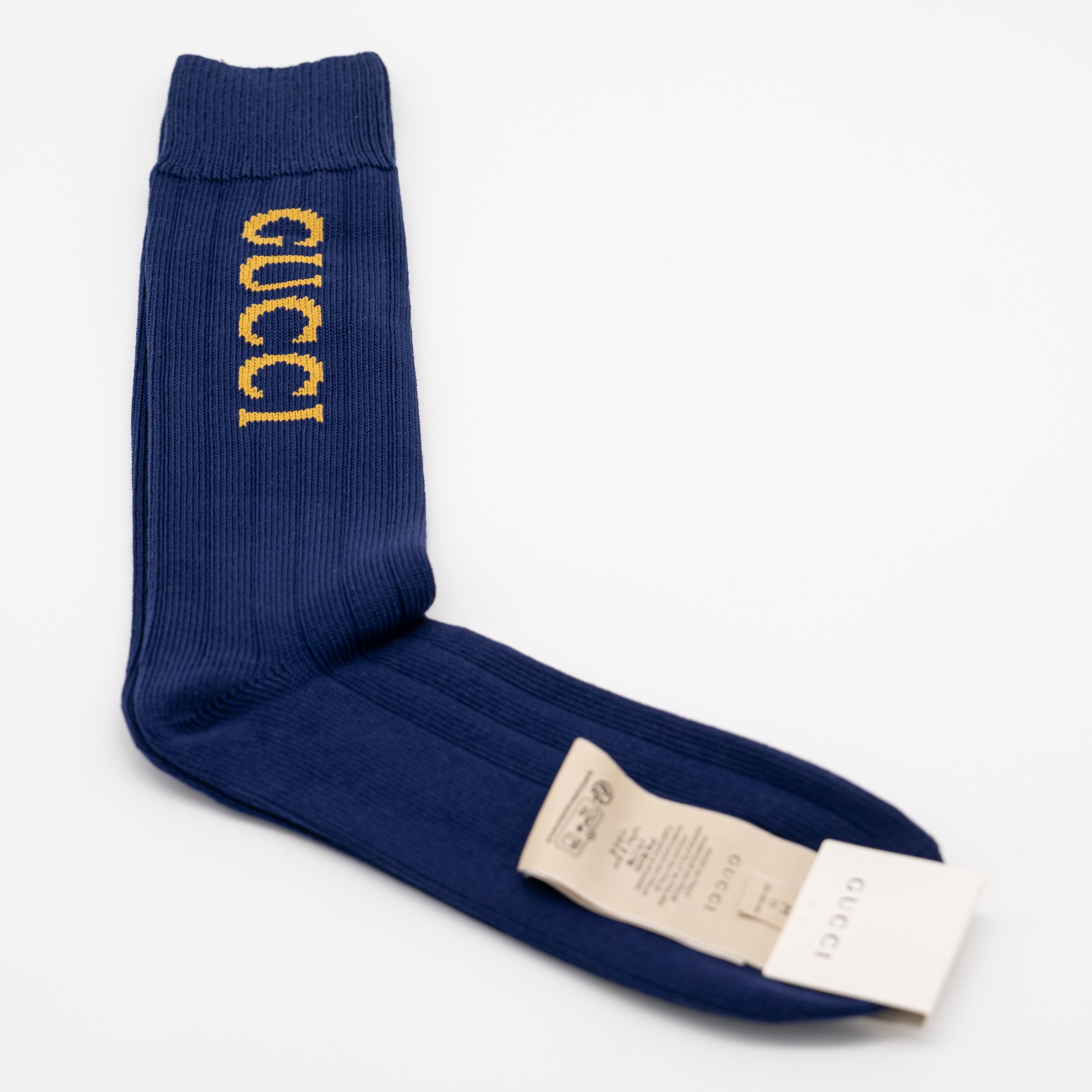 Gucci M Gucci GG Logo Cotton Blend Long Socks Navy Blue Yellow Size ONE SIZE - 1 Thumbnail