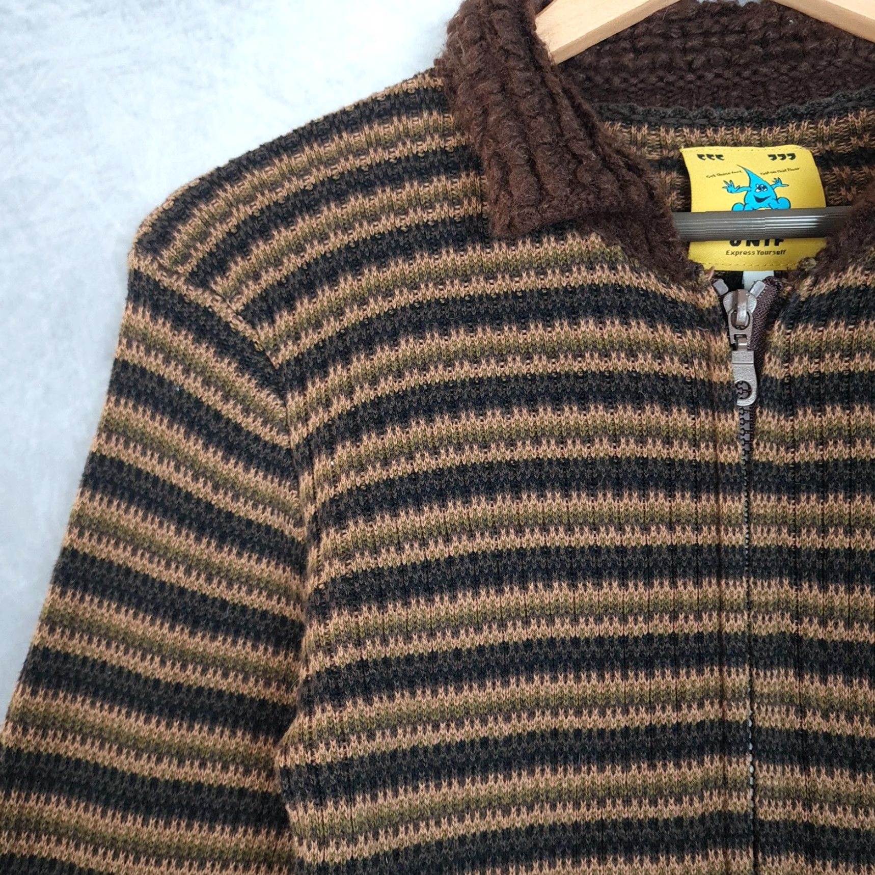 UNIF VINTAGE UNIF Sweater Cardigan Womens XL Brown Striped Collared Zip Stretch 90s Grunge Size XL / US 12-14 / IT 48-50 - 4 Thumbnail