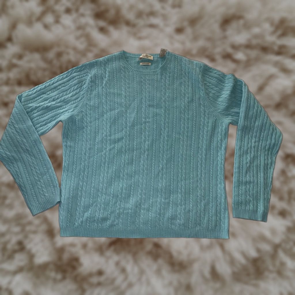 VINTAGE Valerie Stevens Cashmere Sweater L Turtleneck Cable Knit Blue Womens