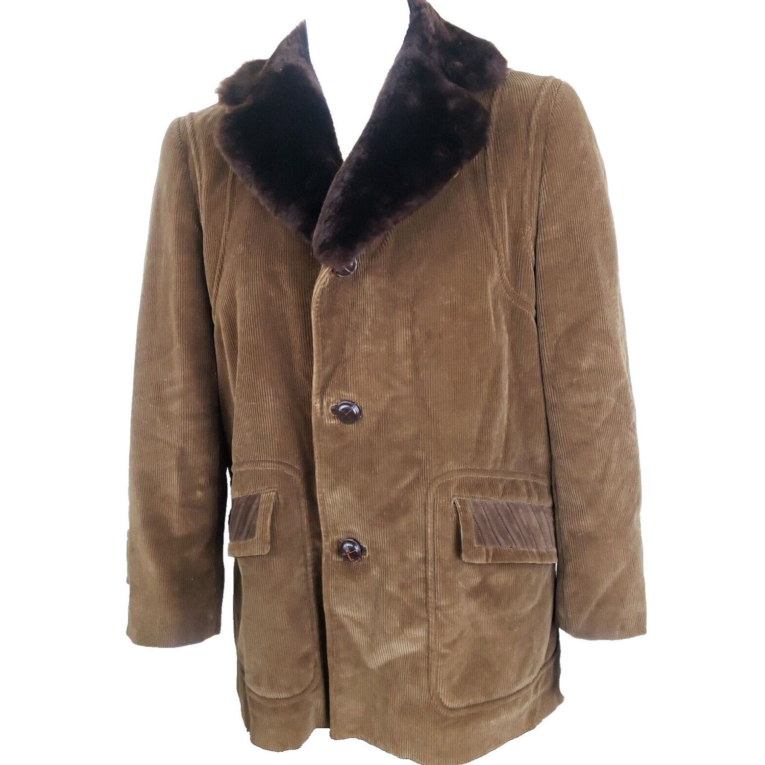 Vtg Corduroy Rancher Jacket Mens 42 Brown Faux Fur Collar Co