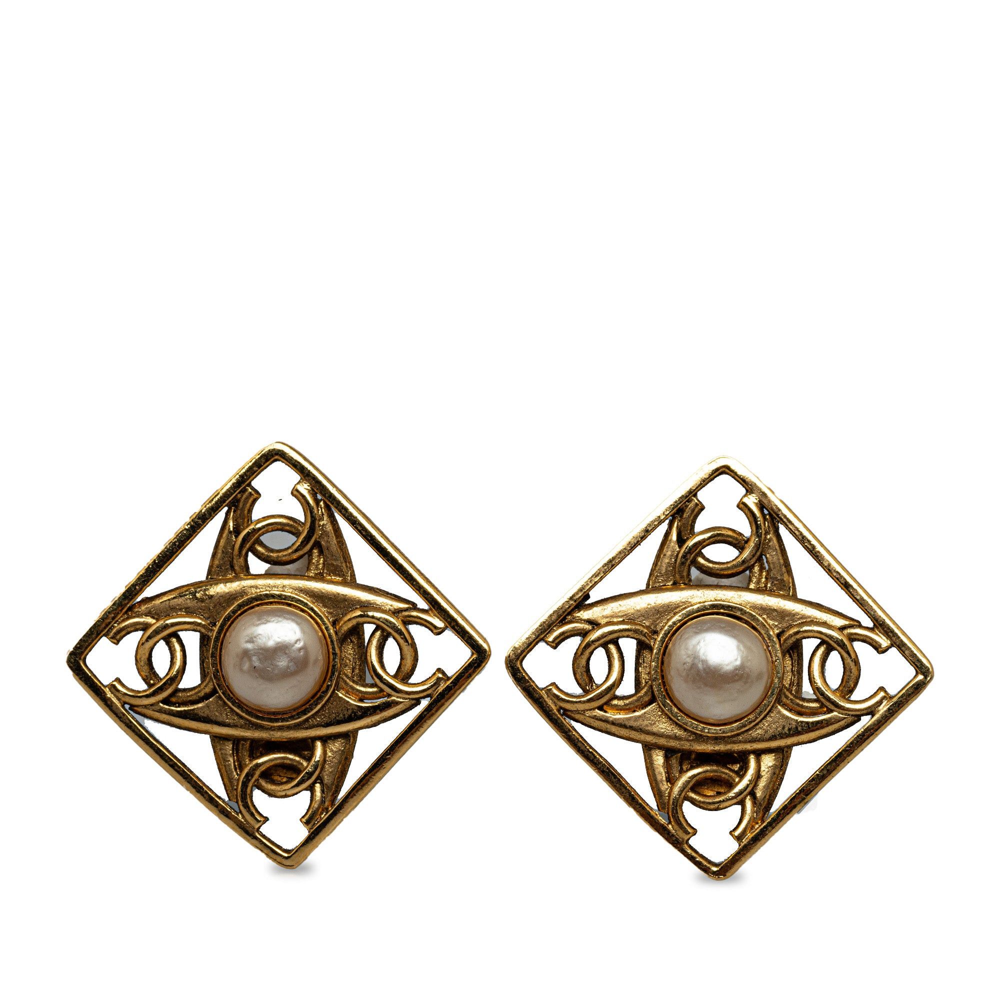 image of Chanel Cc Faux Pearl Clip On Earrings Costume Earrings in Gold, Women's