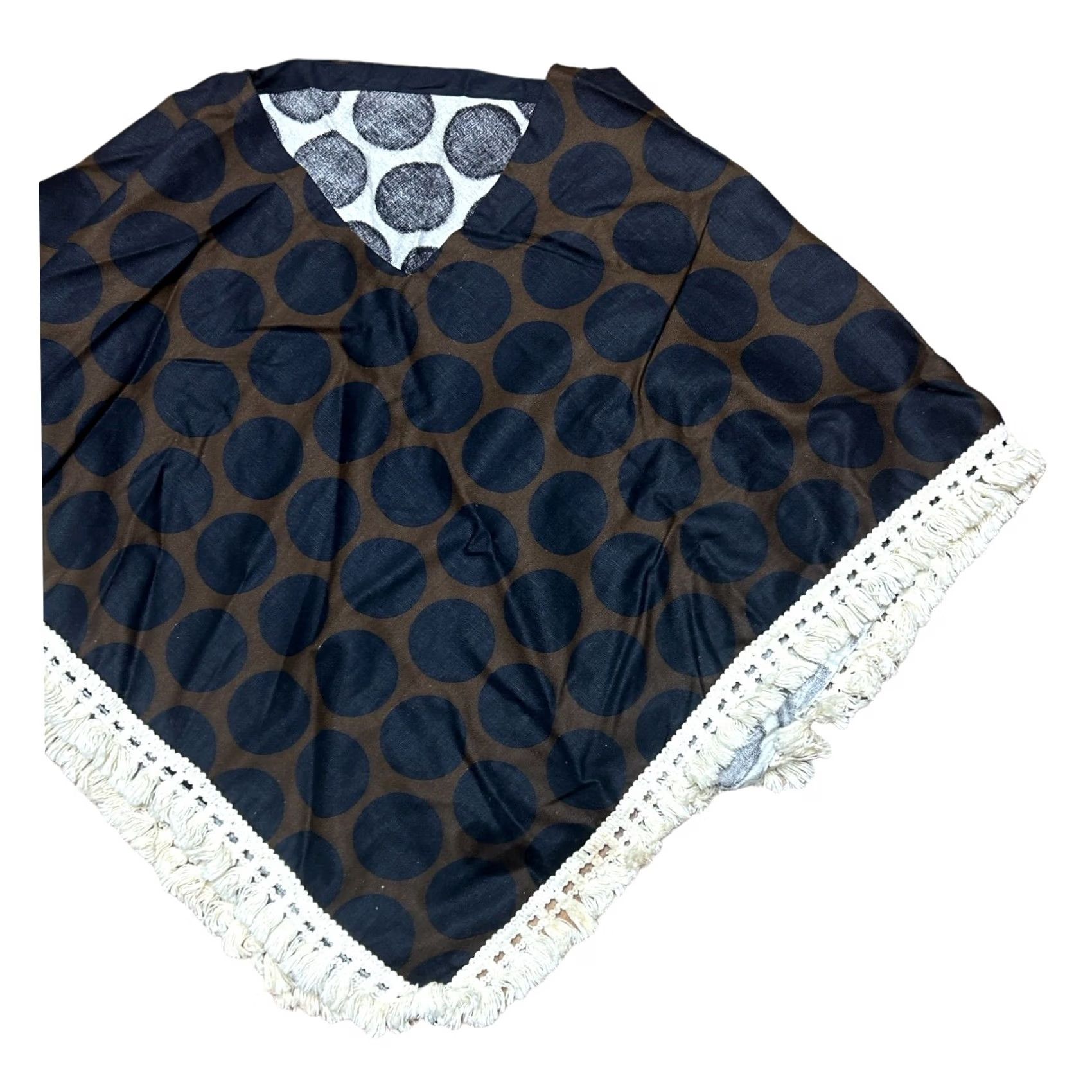 Vintage VINTAGE Ponch Women’s 60’s 70’s Brown Black PolkaDots White Fringe Cotton Blend Hippy One Size Men/Women Size ONE SIZE - 3 Thumbnail