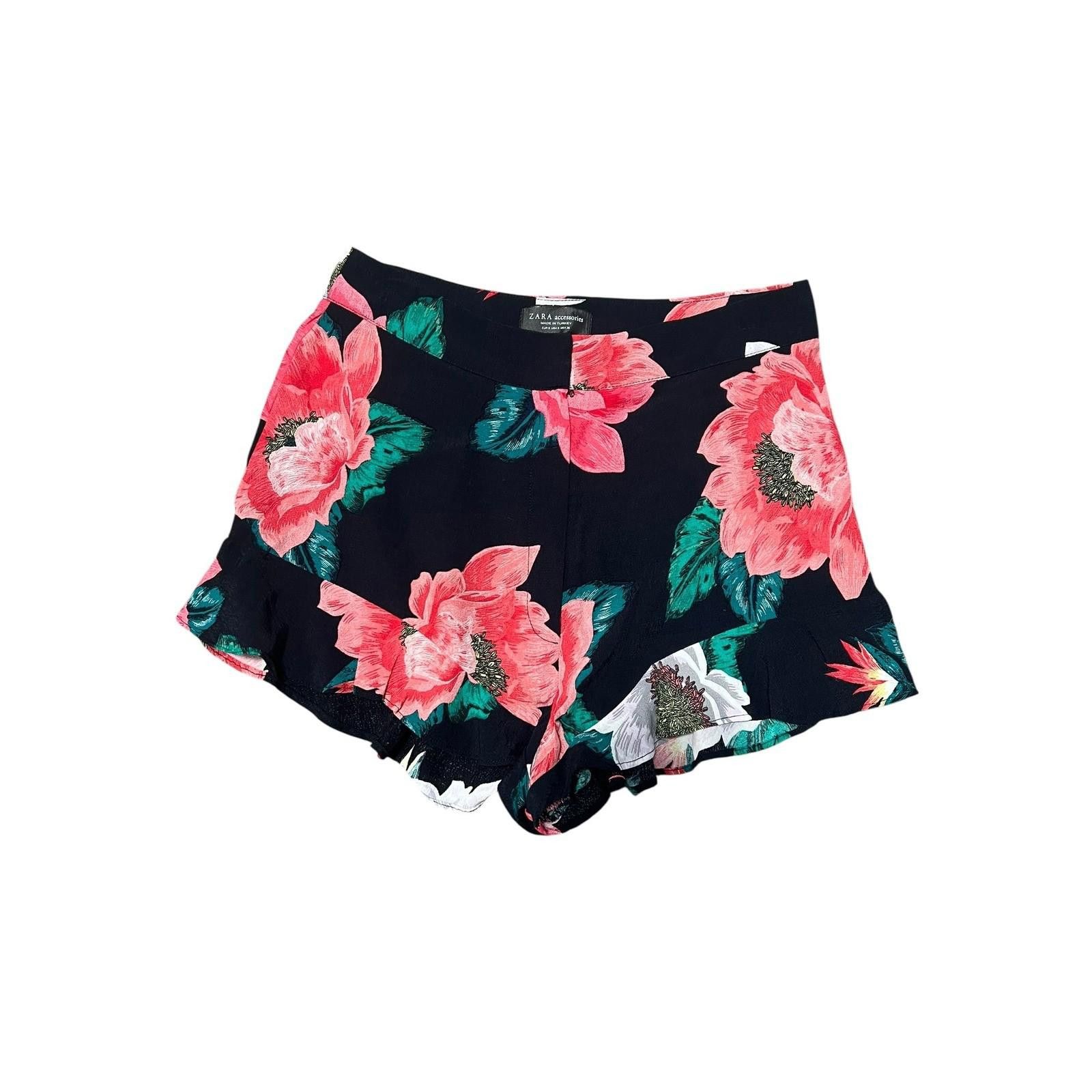 Zara Zara Floral Print Ruffle Hem Shorts Black Pink White Size S Size 28" / US 6 / IT 42 - 1 Thumbnail