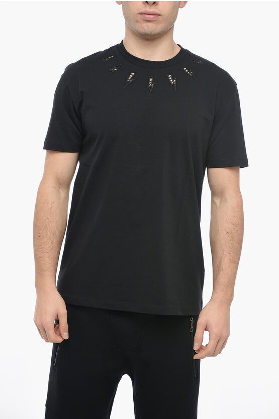 image of Neil Barrett Crew Neck Broderie Anglaise Slim Fit T-Shirt in Black, Men's (Size Large)