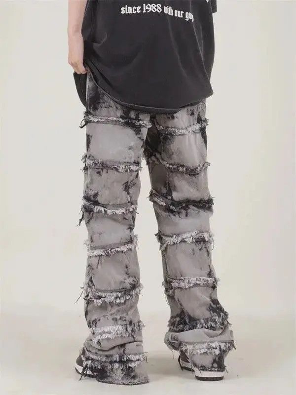 Japanese Brand Striped Tassel Frayed Straight Baggy Jeans Size US 32 / EU 48 - 3 Thumbnail
