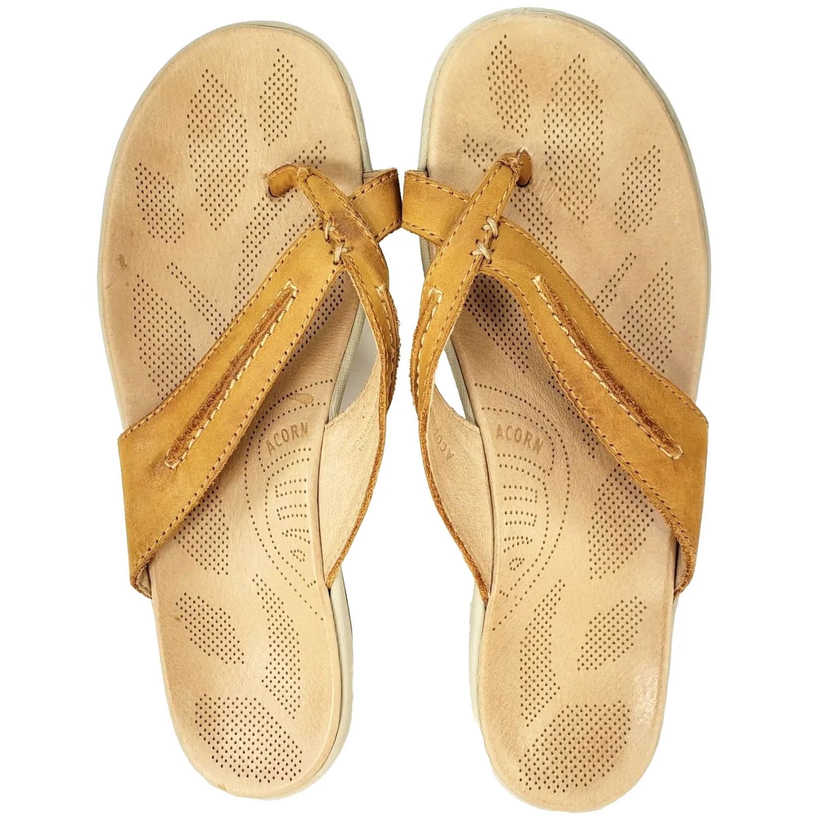Vintage Acorn Thong Sandals Women's 10 Tan Leather Slip On Flat Heel Leather Footbed Great Support Size US 10 / IT 40 - 7 Thumbnail