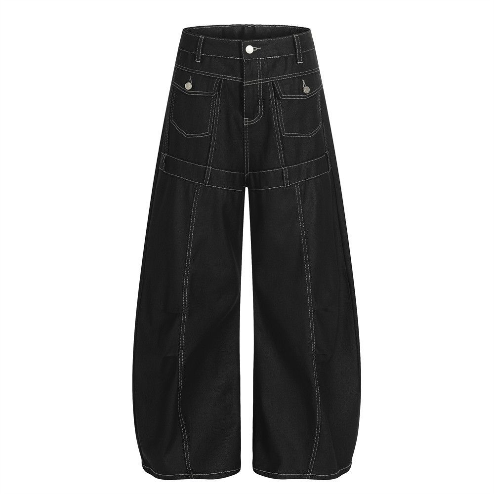 Men's loose wide-leg scimitar jeans with patchwork pleats