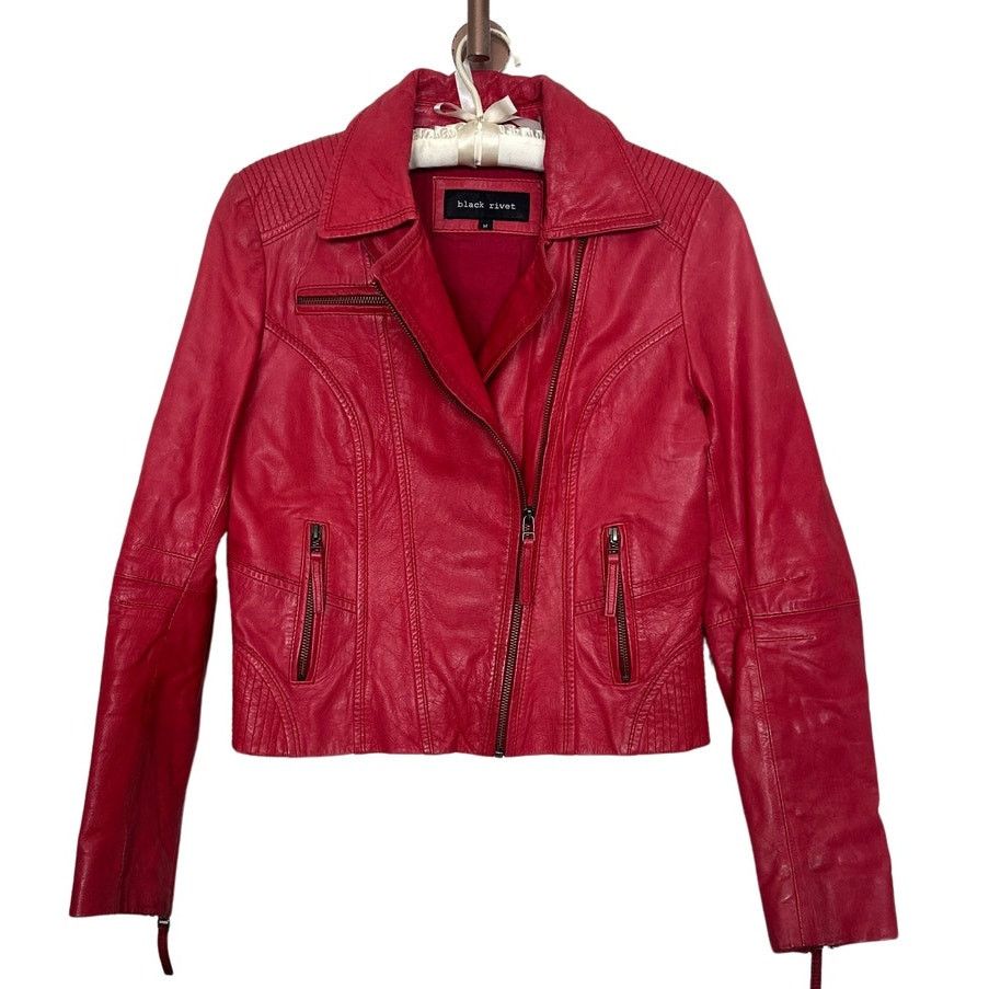 Black Rivet Black Rivet Red Leather Moto Jacket Zip Up Asymmetrical ...