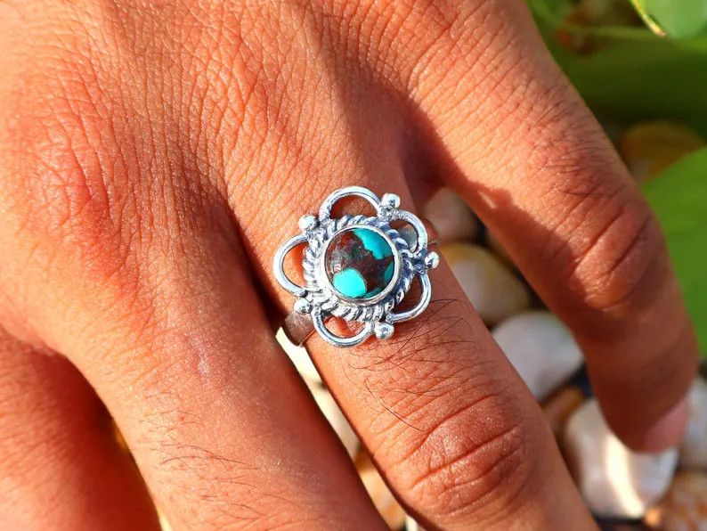 Handmade Turquoise Silver Ring, Flower Gemstone, December Birthstone Size ONE SIZE - 8 Thumbnail