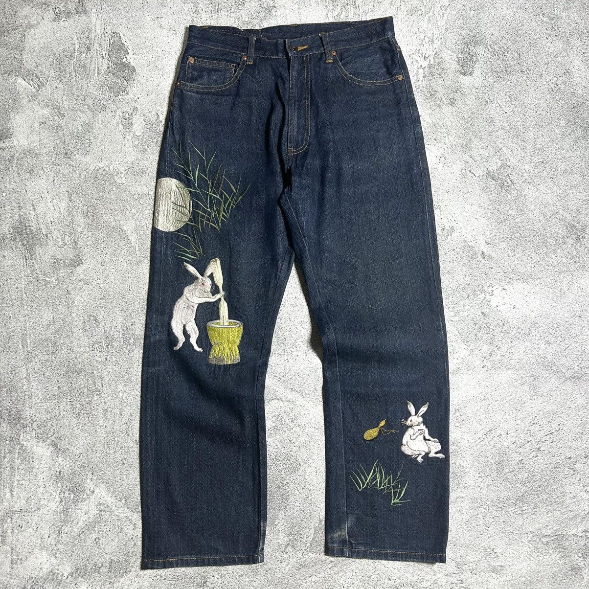 Japanese Brand Vintage Script Denim Rabbit Embroidery Size US 31 - 1 Thumbnail