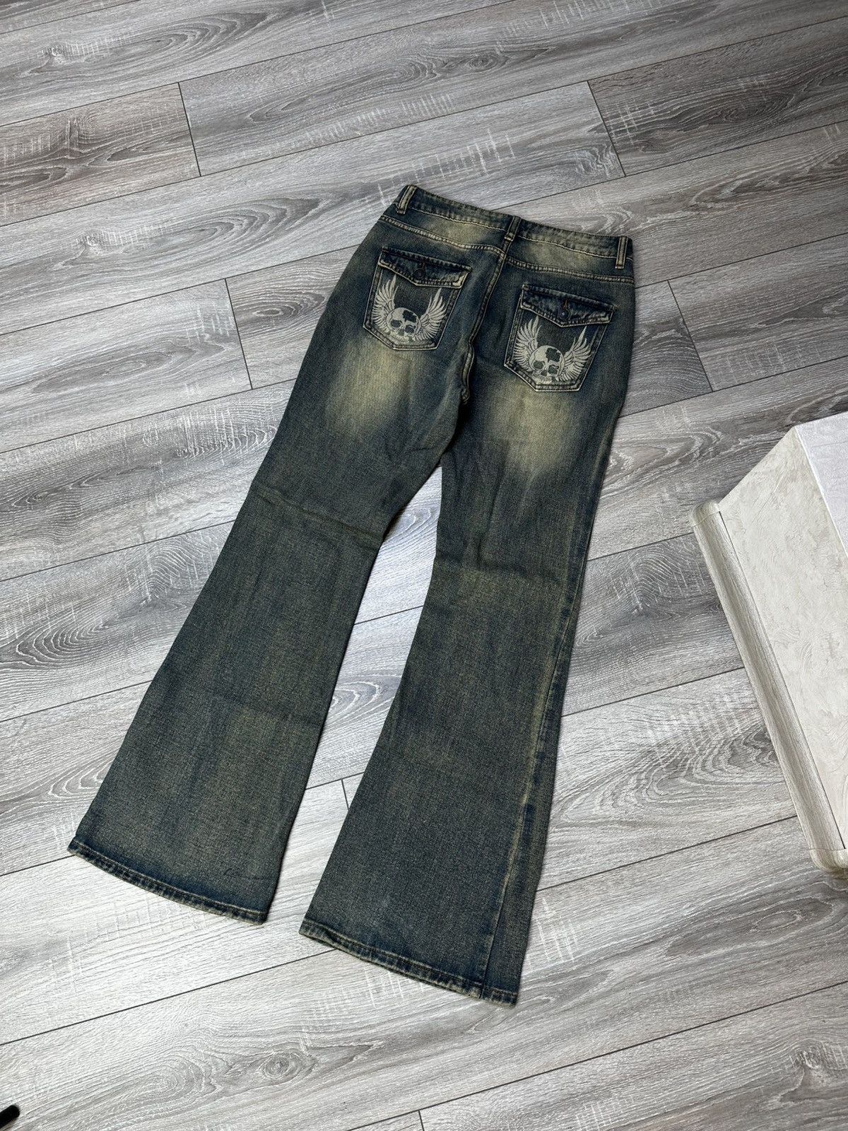 Designer Skull Rock Flare Jeans Punk Washed Size M Size 26" / US 2 / IT 38 - 1 Thumbnail