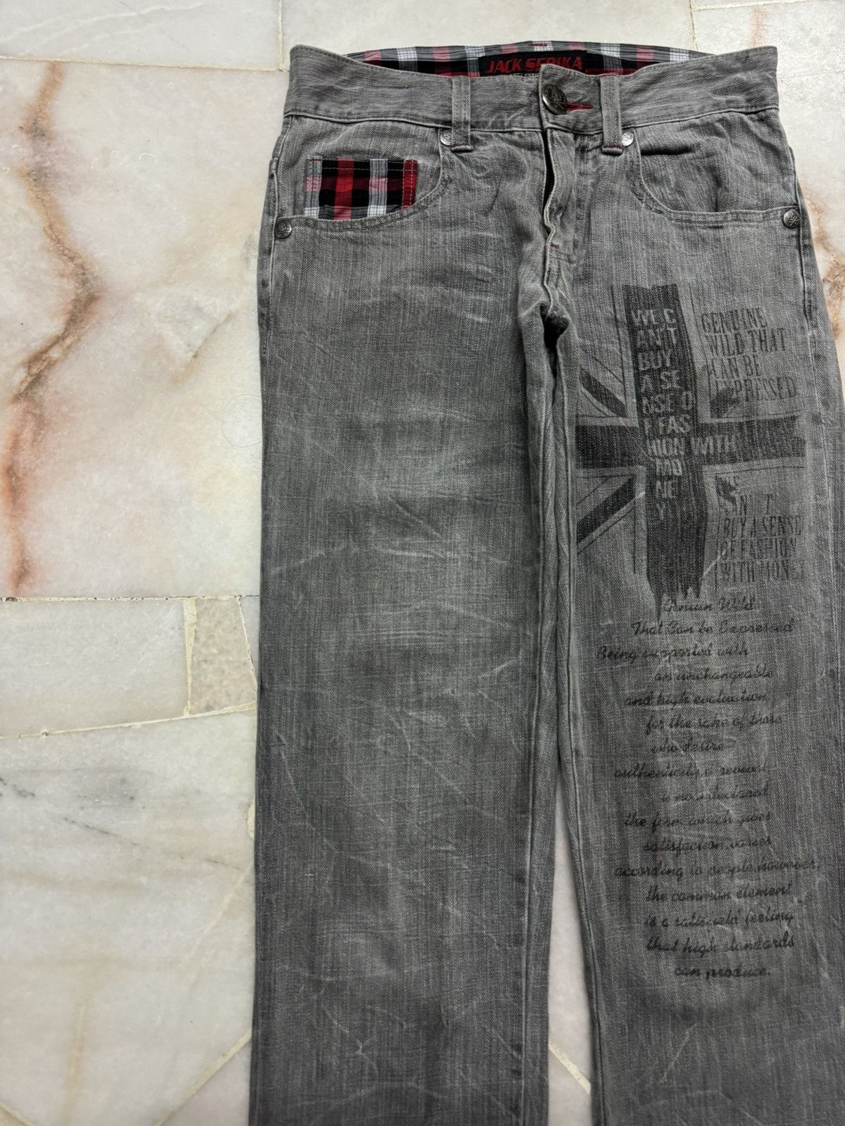Designer 💥Flare💥90s Jack Serika Punk Jeans Script Logo Faded Distress Size US 28 / EU 44 - 4 Thumbnail