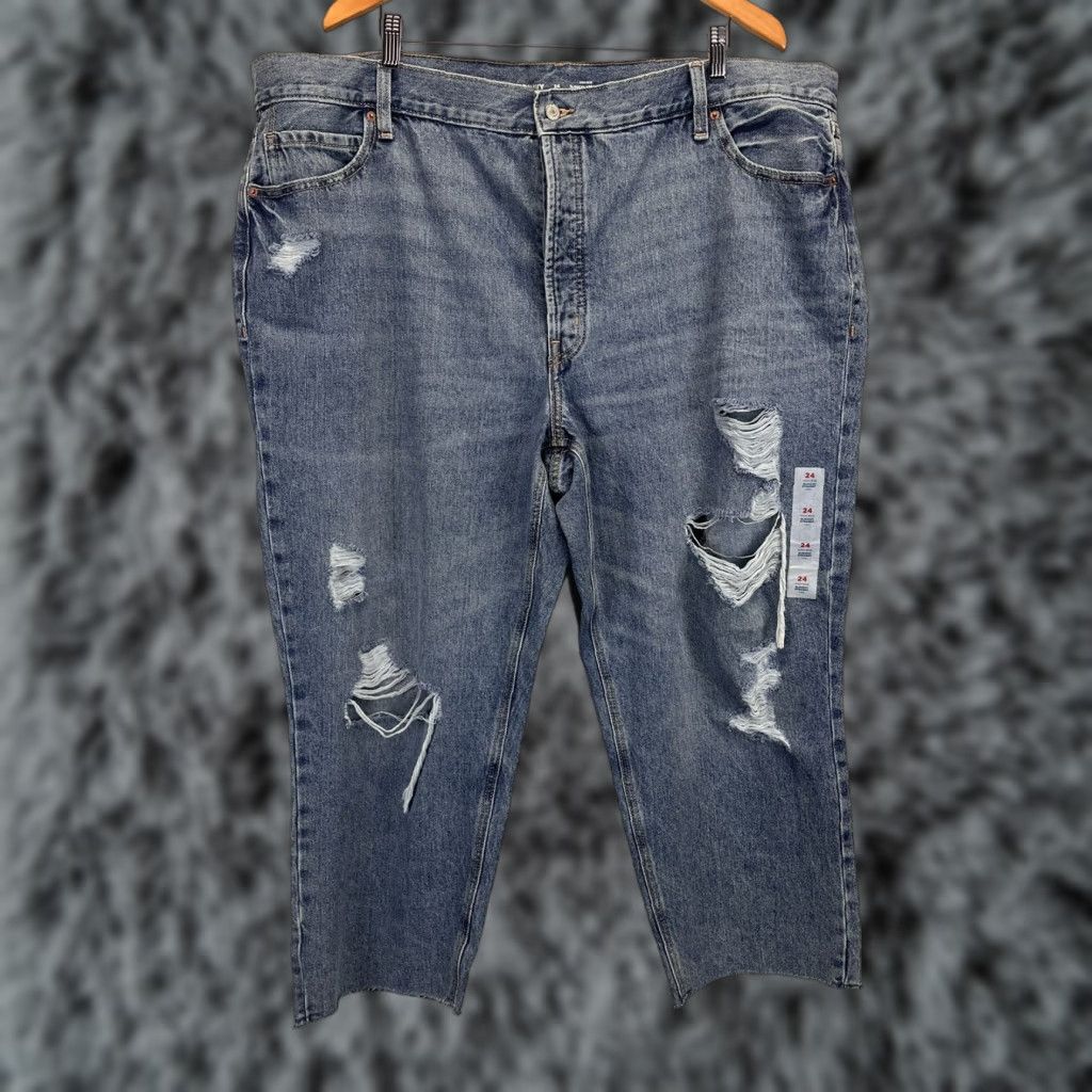 Old Navy Old Navy Women's Plus Size Jeans Sz 24 High Rise Slouchy Straight Crop Distressed NWT Blue Denim 100% Cotton Raw Hem Distressed Size 42" / US 20 - 1 Thumbnail