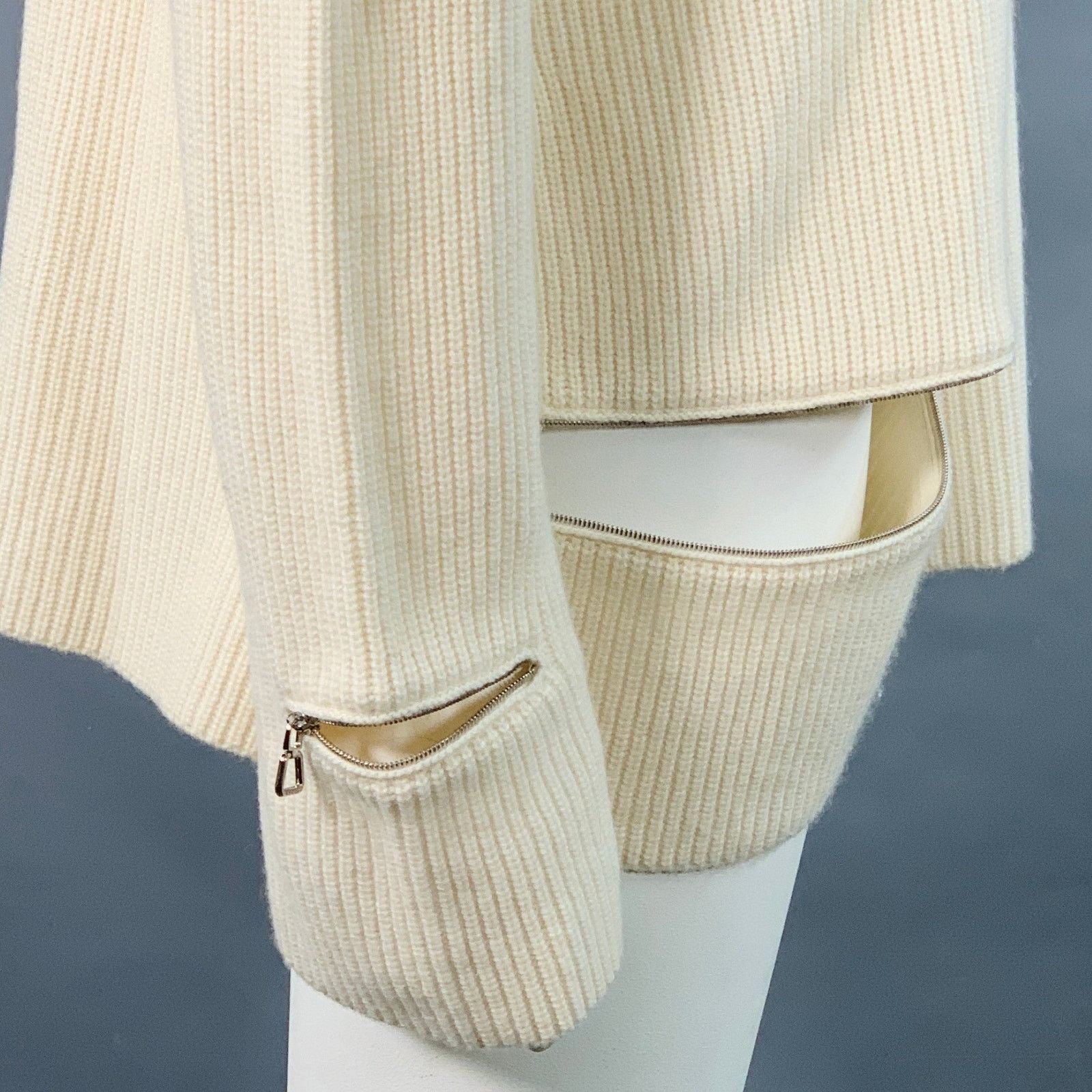 Akris 14 Off White Cashmere Rib Knit Zippers Crew Neck Sweater Size XL / US 12-14 / IT 48-50 - 3 Thumbnail