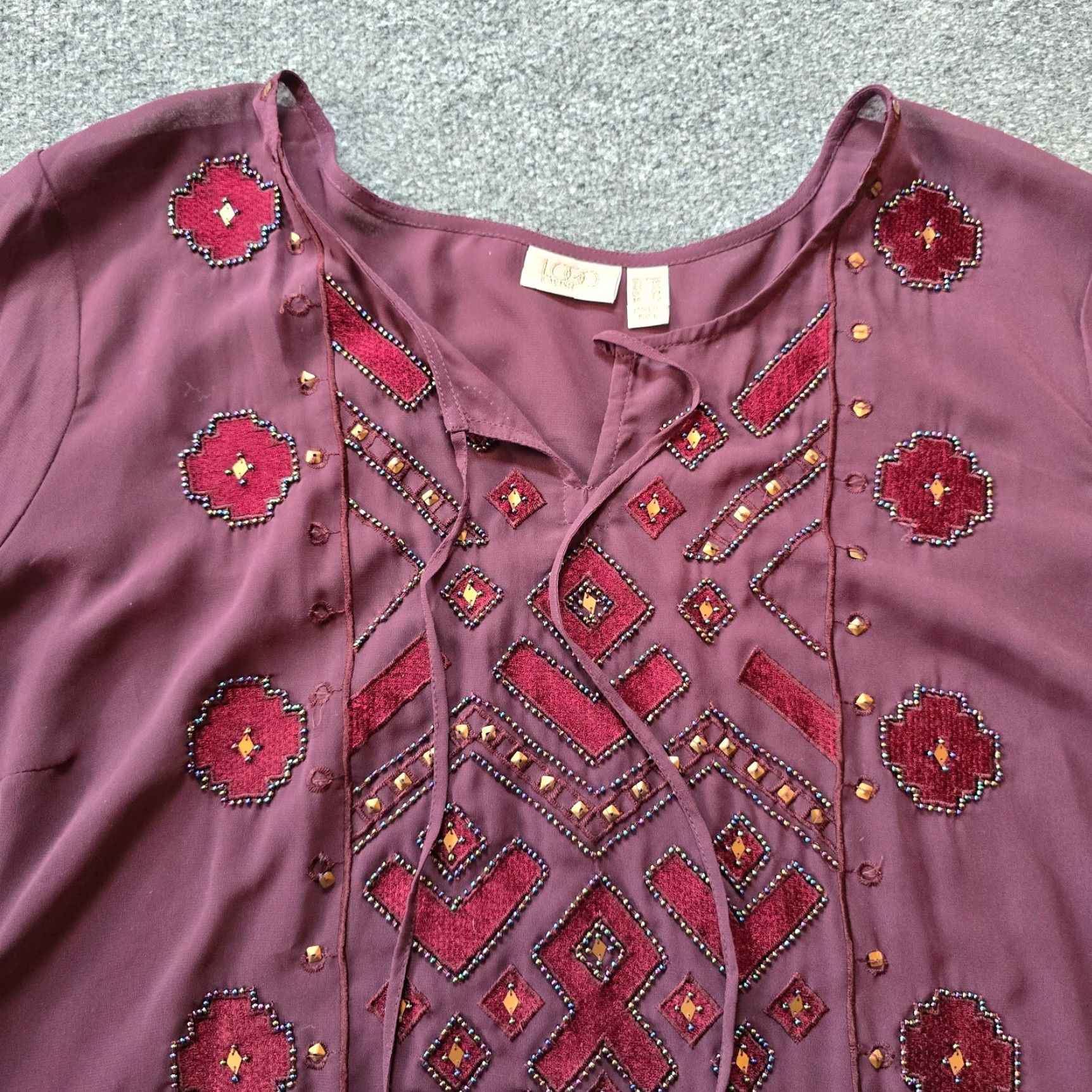 Vintage LOGO by Lori Goldstein Top Women 24W Purple Burgundy Sheer Beaded Western Prairie Blouse Size 4XL / US 24-26 - 2 Thumbnail