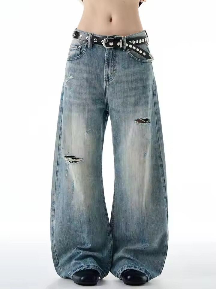 Japanese Brand Cyber-Y2K Distressed Baggy Jeans - Wide-Leg Faded Wash Denim Size US 29 - 7 Thumbnail