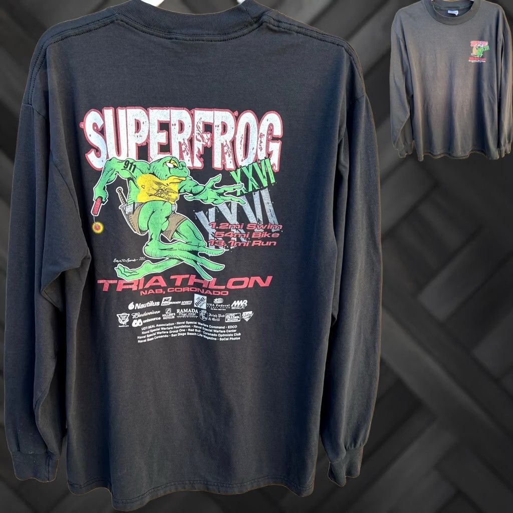 Jerzees VINTAGE Superfrog XVII Triathlon Shirt Mens Large Black 2004 Jerzees Distressed Long Sleeve Graphic Tee Size US L / EU 52-54 / 3 - 1 Thumbnail